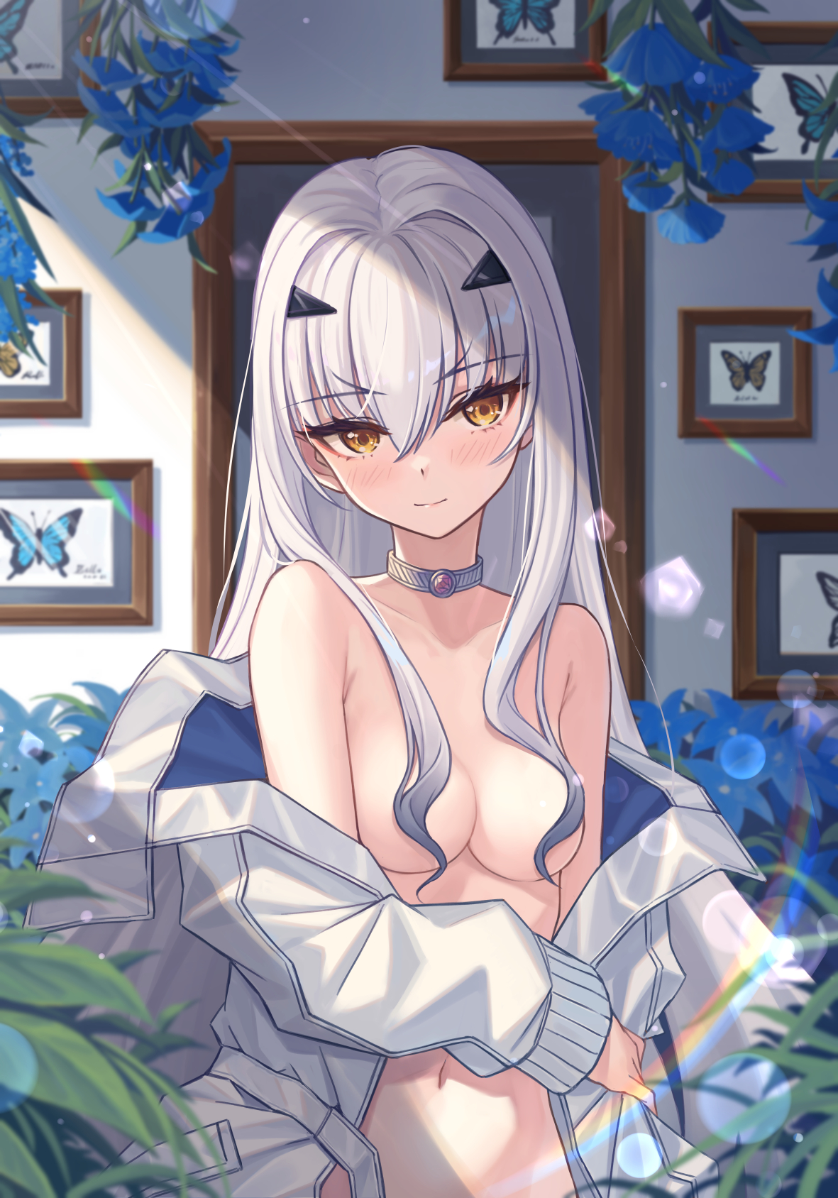 hoodier, melusine (fate), fate/grand order, fate (series), commentary request, highres, 1girl, blush, breasts, choker, flower, forked eyebrows, jacket, long hair, long sleeves, looking at viewer, naked jacket, off shoulder, sidelocks, small breasts, smile, solo, white hair, white jacket, yellow eyes