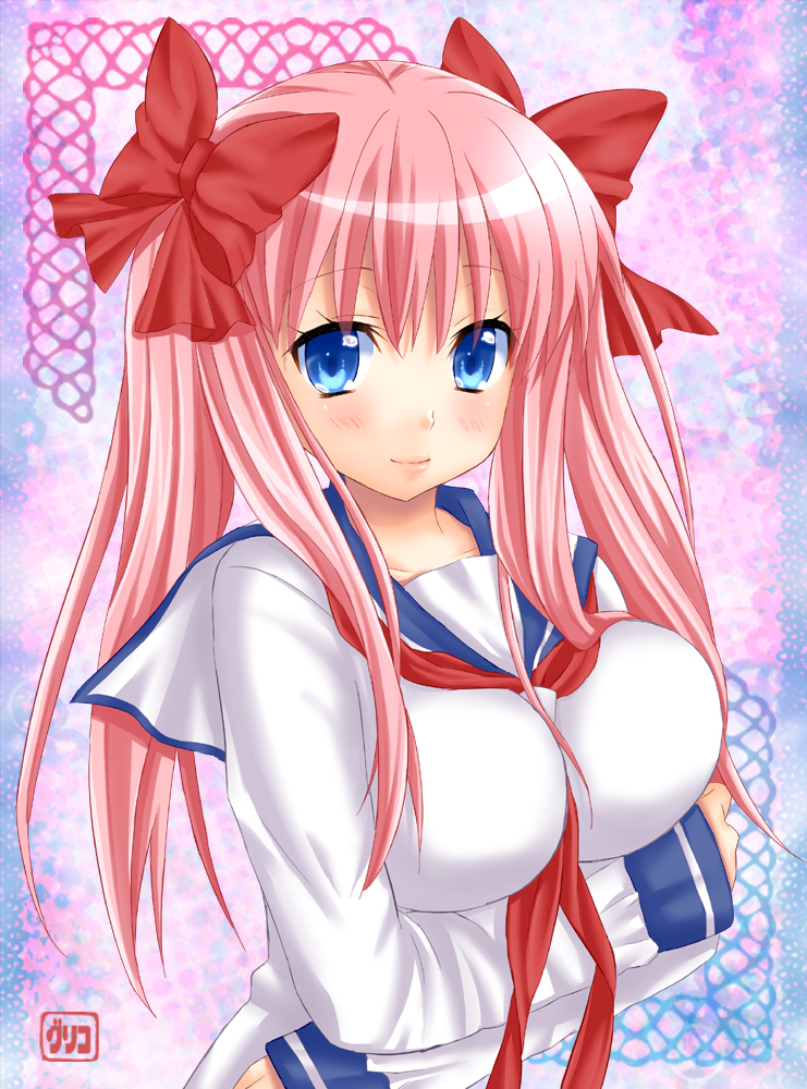 pengin guriko, haramura nodoka, saki (manga), breast hold, 00s, 1girl, blue eyes, blush, bow, breasts, female focus, hair bow, large breasts, long hair, pink hair, ribbon, school uniform, serafuku, solo, twintails