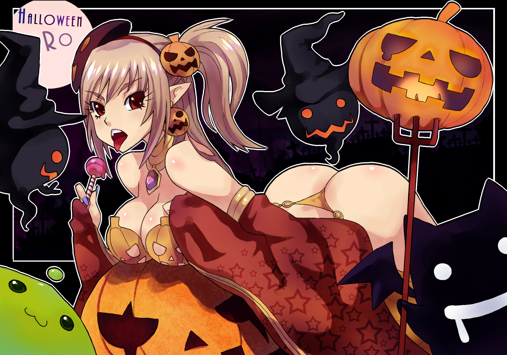 caee penguin, gypsy (ragnarok online), ragnarok online, bad id, bad pixiv id, highres, 1girl, ass, asymmetrical hair, bent over, breasts, brown hair, candy, cleavage, copyright name, earrings, fang, female focus, food, food-themed clothes, food-themed hair ornament, ghost, hair ornament, halloween, jack-o'-lantern, jack-o'-lantern earrings, jewelry, large breasts, lollipop, panties, pasties, pitchfork, pointy ears, pumpkin, pumpkin hair ornament, side ponytail, solo, thong, tongue, underwear