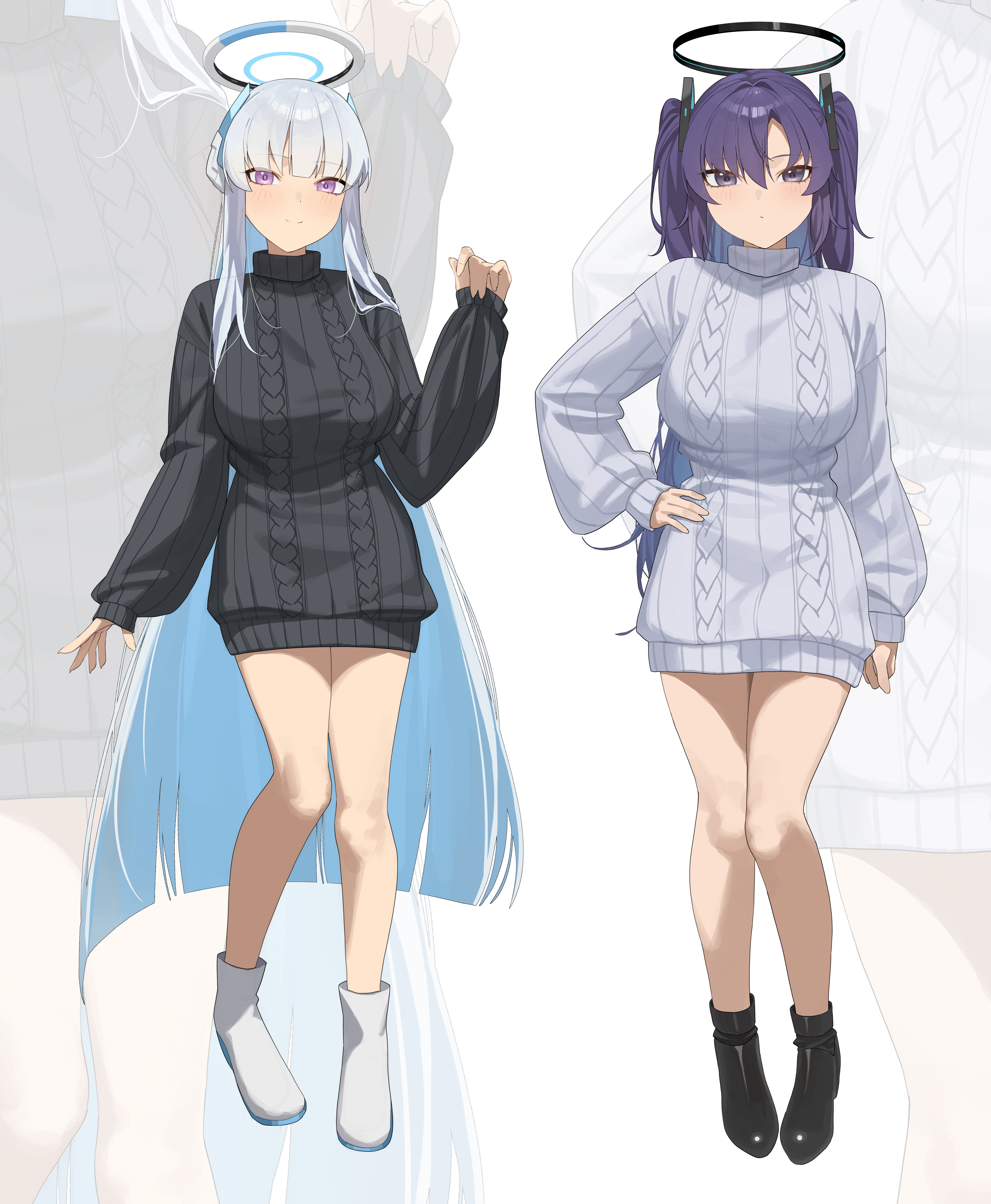 mm (mhm2592), noa (blue archive), yuuka (blue archive), blue archive, absurdres, commentary request, highres, 2girls, alternate costume, black boots, black halo, black sweater, blue hair, boots, breasts, colored inner hair, full body, halo, hand on own hip, headgear, large breasts, long hair, looking at viewer, mechanical halo, multicolored hair, multiple girls, purple eyes, purple hair, ribbed sweater, sweater, two-tone hair, two side up, very long hair, white boots, white halo, white sweater, zoom layer