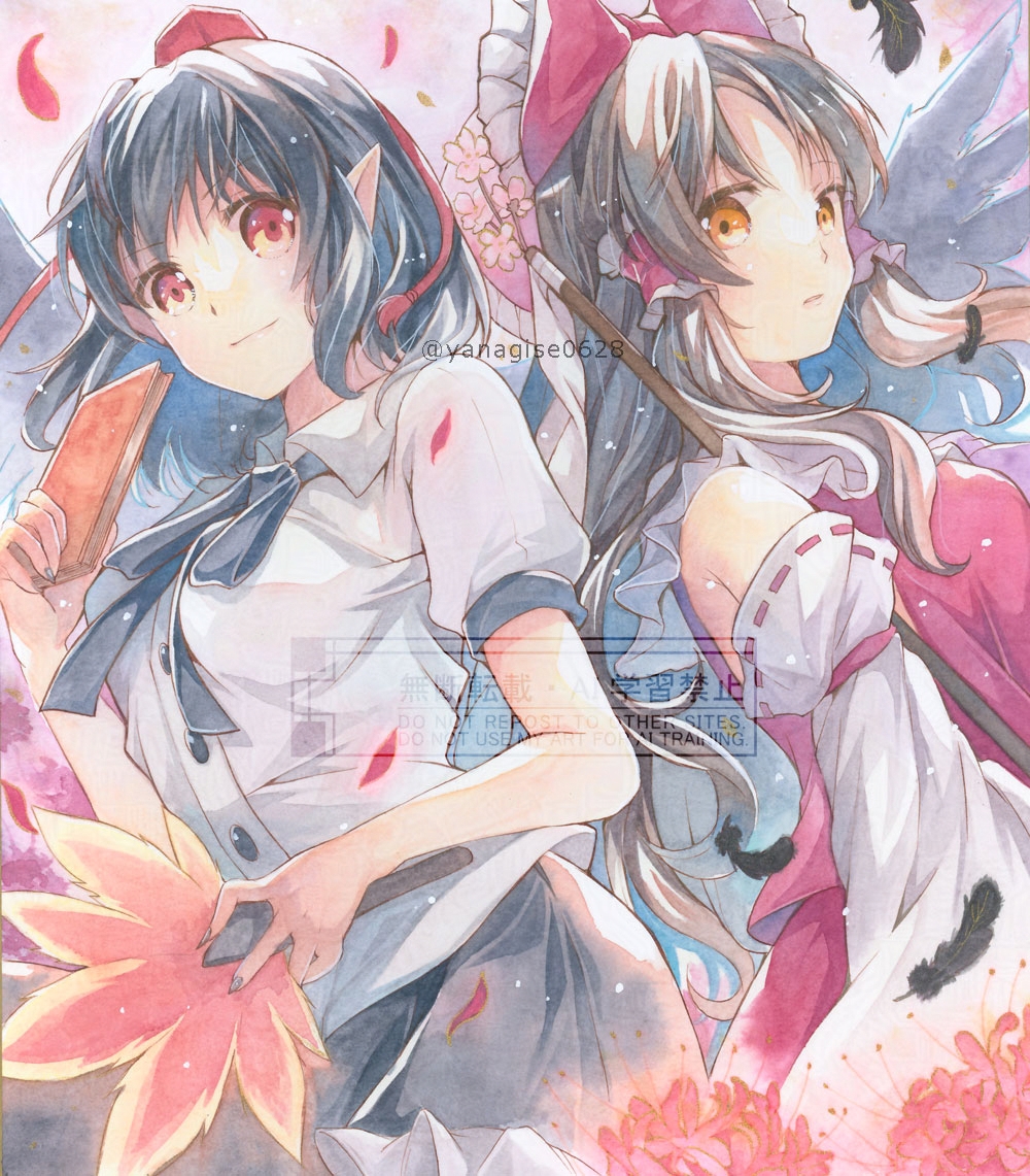 yanagise, hakurei reimu, shameimaru aya, touhou, commentary request, painting (medium), traditional media, watercolor (medium), 2girls, bird wings, black hair, black skirt, black wings, bow, brown hair, closed mouth, collared shirt, detached sleeves, falling feathers, feathered wings, feathers, flower, frilled bow, frilled hair tubes, frilled skirt, frills, gohei, hair bow, hair tubes, hat, hauchiwa, holding, holding notebook, long hair, looking at viewer, multiple girls, notebook, pointy ears, puffy short sleeves, puffy sleeves, red bow, red eyes, red flower, red hat, red skirt, ribbon-trimmed sleeves, ribbon trim, shirt, short sleeves, skirt, skirt set, spider lily, tokin hat, watermark, white shirt, wings, yellow eyes