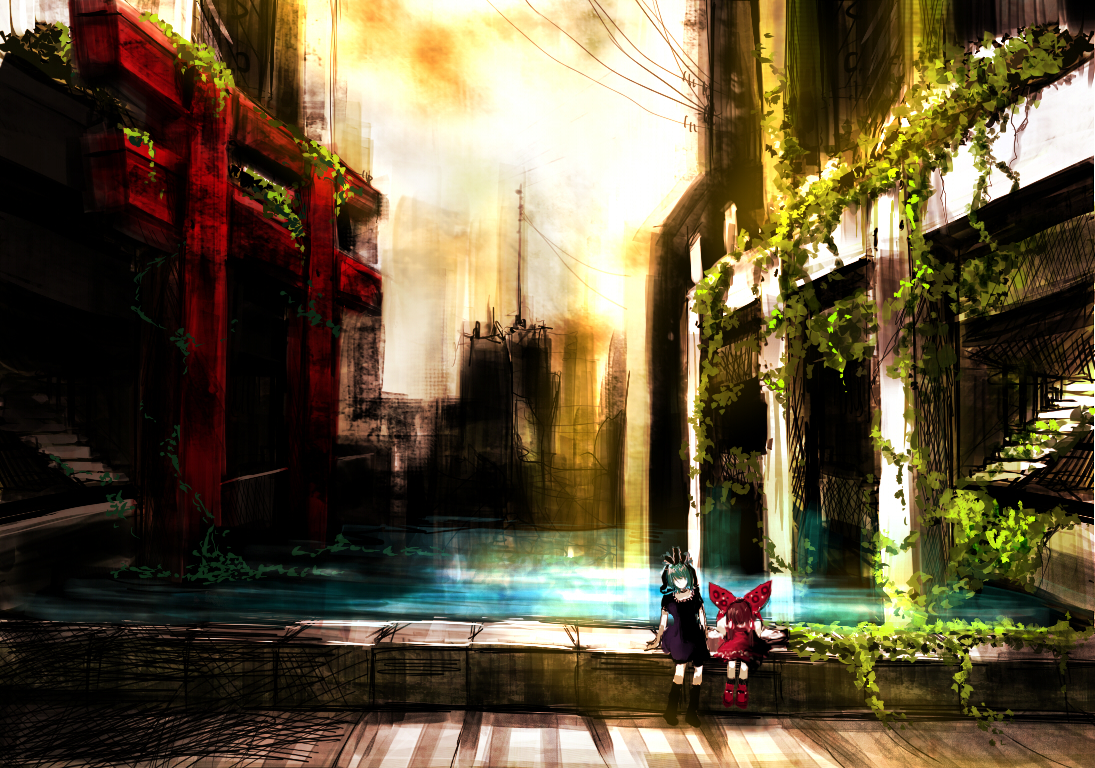 violence kumahina, hakurei reimu, kagiyama hina, touhou, bad id, bad pixiv id, 2girls, building, female focus, multiple girls, overgrown, plant, ruins, scenery, shade, sitting, sunlight, torii, water