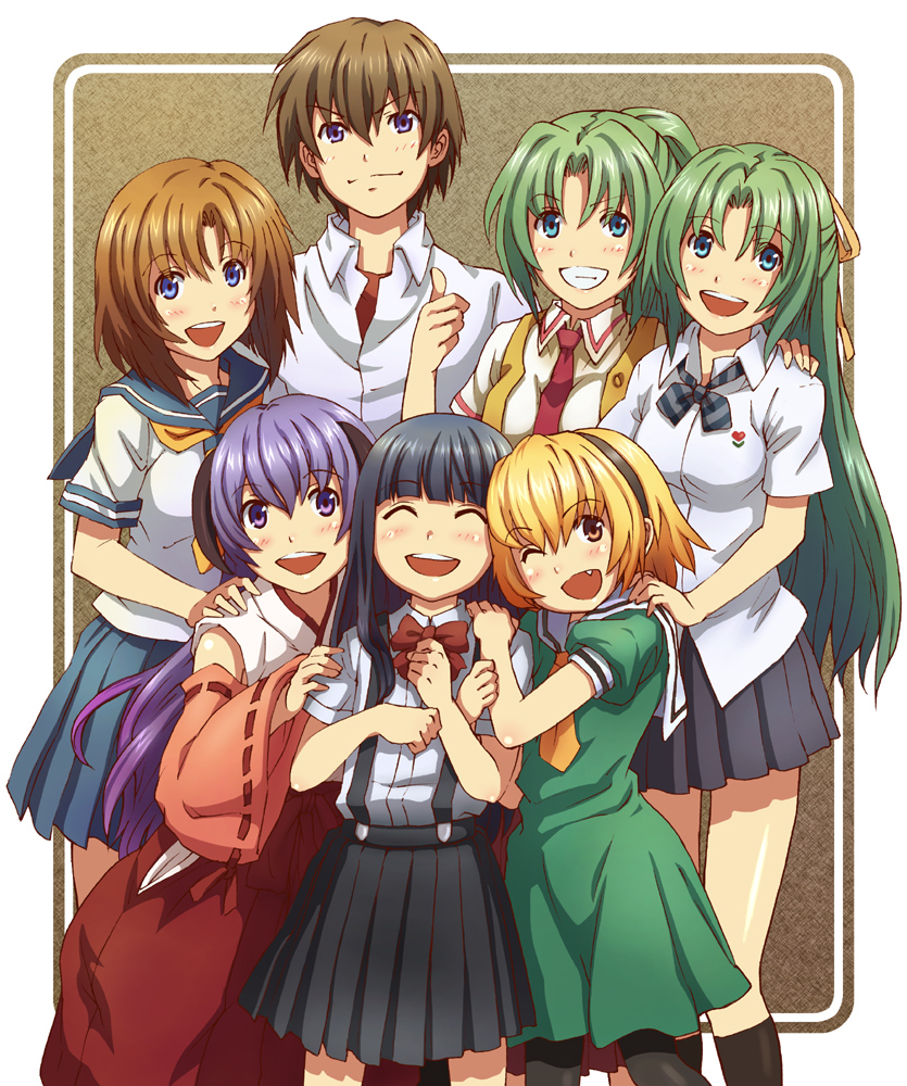 gig99, furude rika, hanyuu, houjou satoko, maebara keiichi, ryuuguu rena, sonozaki mion, sonozaki shion, higurashi no naku koro ni, 00s, 1boy, 6+girls, blonde hair, blue eyes, blue hair, brown hair, closed eyes, dress, fang, green hair, grin, hairband, hakama, hakama skirt, half updo, horns, japanese clothes, kneehighs, long hair, miko, multiple girls, necktie, one eye closed, pantyhose, ponytail, purple eyes, purple hair, red hakama, red necktie, sailor dress, school uniform, serafuku, short hair, siblings, sisters, skirt, smile, socks, suspender skirt, suspenders, twins, wink, yellow eyes