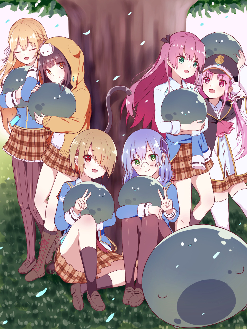 shira 461, aikawa megumi, asakura karen, izumi yuki (heaven burns red), kayamori ruka, kunimi tama, toujou tsukasa, heaven burns red, commentary request, highres, 6+girls, :d, against tree, animal hood, aqua jacket, ascot, black hair, black pantyhose, black socks, black thighhighs, blonde hair, blue hair, blue jacket, blunt bangs, blunt ends, blush, boots, braid, brown hair, brown skirt, cat tail, closed eyes, closed mouth, clothes around waist, double v, eyelashes, falling petals, fang, full body, glasses, grass, green eyes, hair between eyes, hair ornament, hair over one eye, hair ribbon, hairclip, half updo, hand up, happy, hat, holding, hood, hood up, hooded jacket, hoodie, hug, jacket, jacket around waist, knee up, kneehighs, knees up, loafers, long hair, long sleeves, looking at viewer, low twintails, medium hair, miniskirt, multiple girls, narby (heaven burns red), necktie, on grass, on head, one eye covered, open mouth, orange eyes, orange jacket, orange skirt, outdoors, pantyhose, petals, pink eyes, pink hair, plaid clothes, plaid skirt, pleated skirt, purple hair, red eyes, red necktie, ribbon, rimless eyewear, round eyewear, sailor collar, school uniform, shirt, shoes, short hair, sitting, skirt, smile, socks, standing, straight hair, striped clothes, striped pantyhose, striped thighhighs, tail, thighhighs, tree, twintails, two side up, under tree, v, vertical-striped clothes, vertical-striped pantyhose, very long hair, white ribbon, white shirt, yellow eyes, yellow jacket, zettai ryouiki