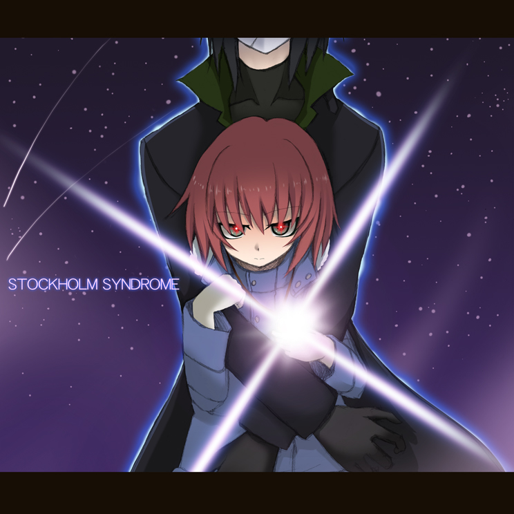 maririn, hei (darker than black), suou pavlichenko, darker than black, light, 00s, 1boy, 1girl, aura, black hair, brown hair, coat, gloves, glowing, hetero, hug, hug from behind, jewelry, letterboxed, mask, pendant, red eyes, red hair, shooting star, short hair, star (symbol)