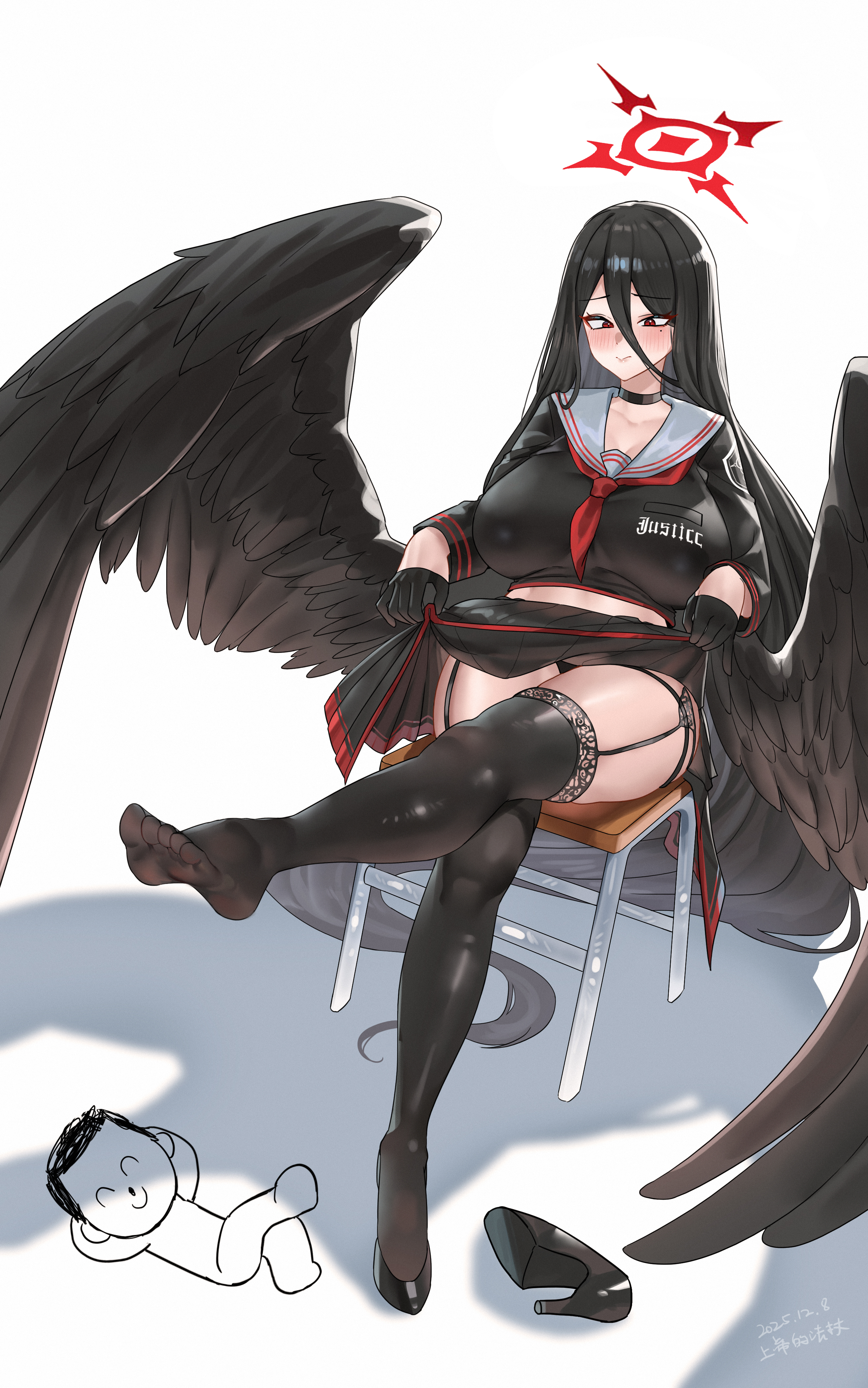shangdi de fa zhang, hasumi (blue archive), sensei (blue archive), blue archive, absurdres, chinese commentary, commentary request, highres, 1boy, 1girl, black garter straps, black hair, black wings, breasts, feathered wings, garter straps, gloves, hair between eyes, high heels, large breasts, long hair, school uniform, serafuku, wings