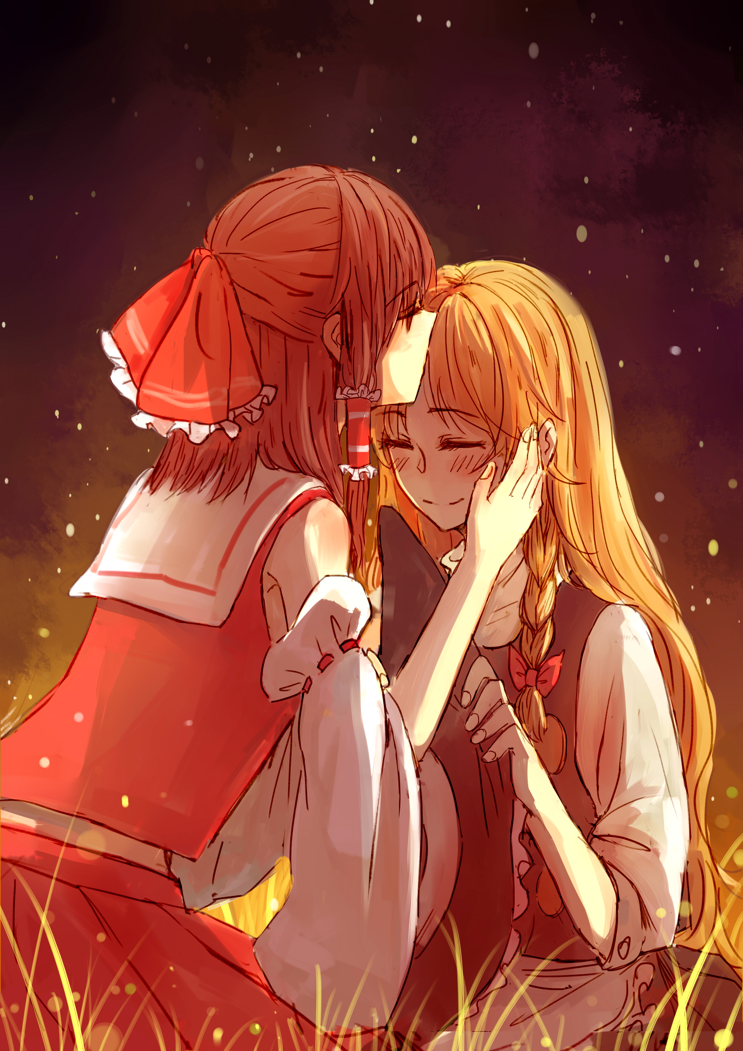 bigreen, hakurei reimu, kirisame marisa, touhou, absurdres, commentary request, highres, 2girls, ^ ^, black hat, blonde hair, bow, braid, braided sidelock, brown hair, closed eyes, couple, detached sleeves, frilled hair tubes, frills, grass, hair bow, hair tubes, hat, holding, holding unworn clothes, holding unworn hat, kiss, kissing forehead, long hair, multiple girls, on ground, red bow, red shirt, red skirt, shirt, sitting, skirt, sleeveless, sleeveless shirt, smile, unworn hat, unworn headwear, yuri