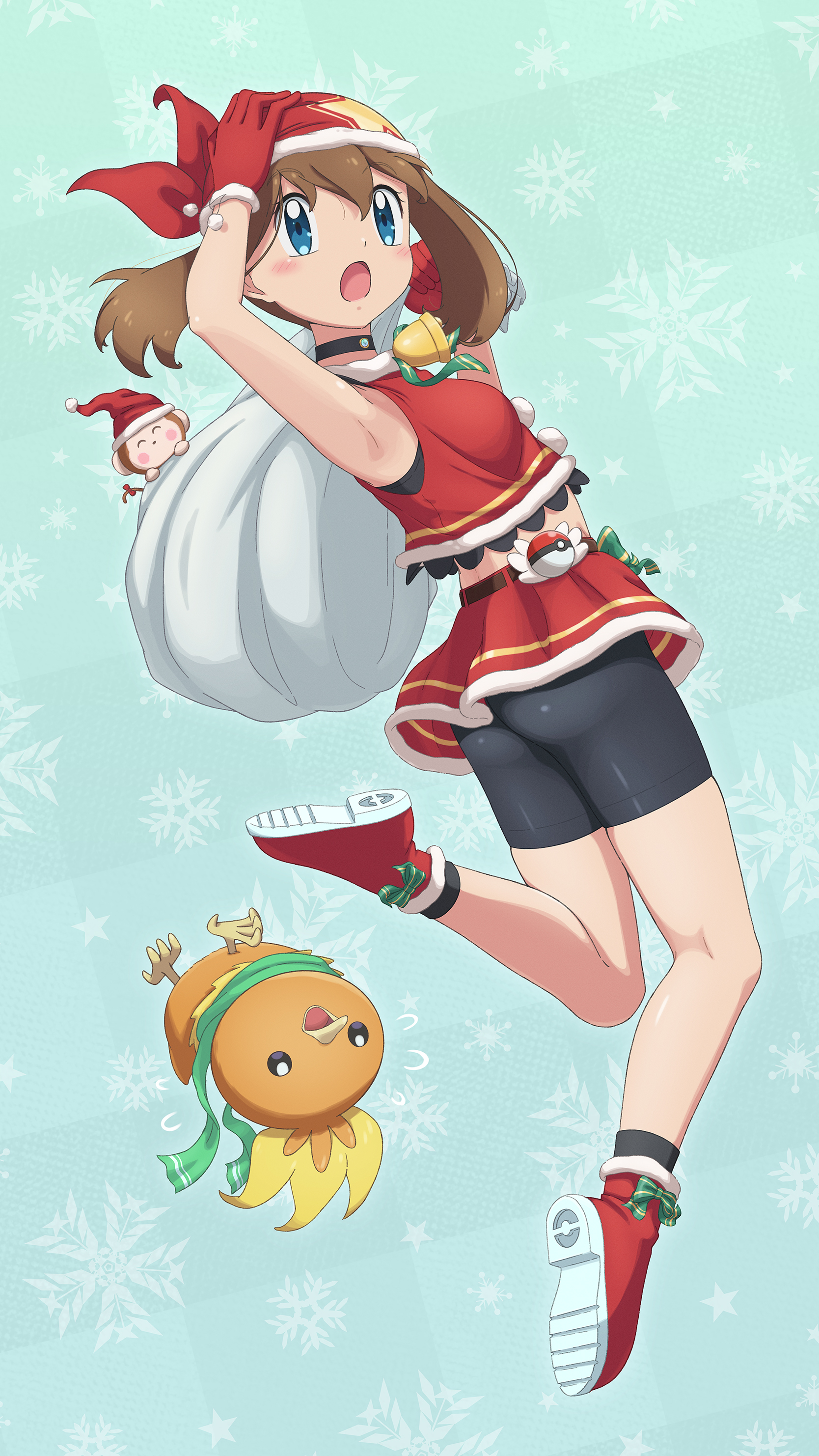 scarletsky, may (pokemon), torchic, nintendo, pokemon, pokemon rse, absurdres, commentary, highres, 1girl, aqua eyes, ass, bell, bike shorts, bike shorts under skirt, black choker, black shorts, black socks, blue eyes, breasts, brown hair, choker, christmas, crop top, full body, gen 3 pokemon, gloves, hand on own head, hat, holding, holding sack, medium hair, midriff, neck bell, open mouth, poke ball, poke ball (basic), pokemon (creature), red gloves, red hat, red shoes, red skirt, sack, shoes, shorts, skirt, small breasts, snowflake background, socks, solo