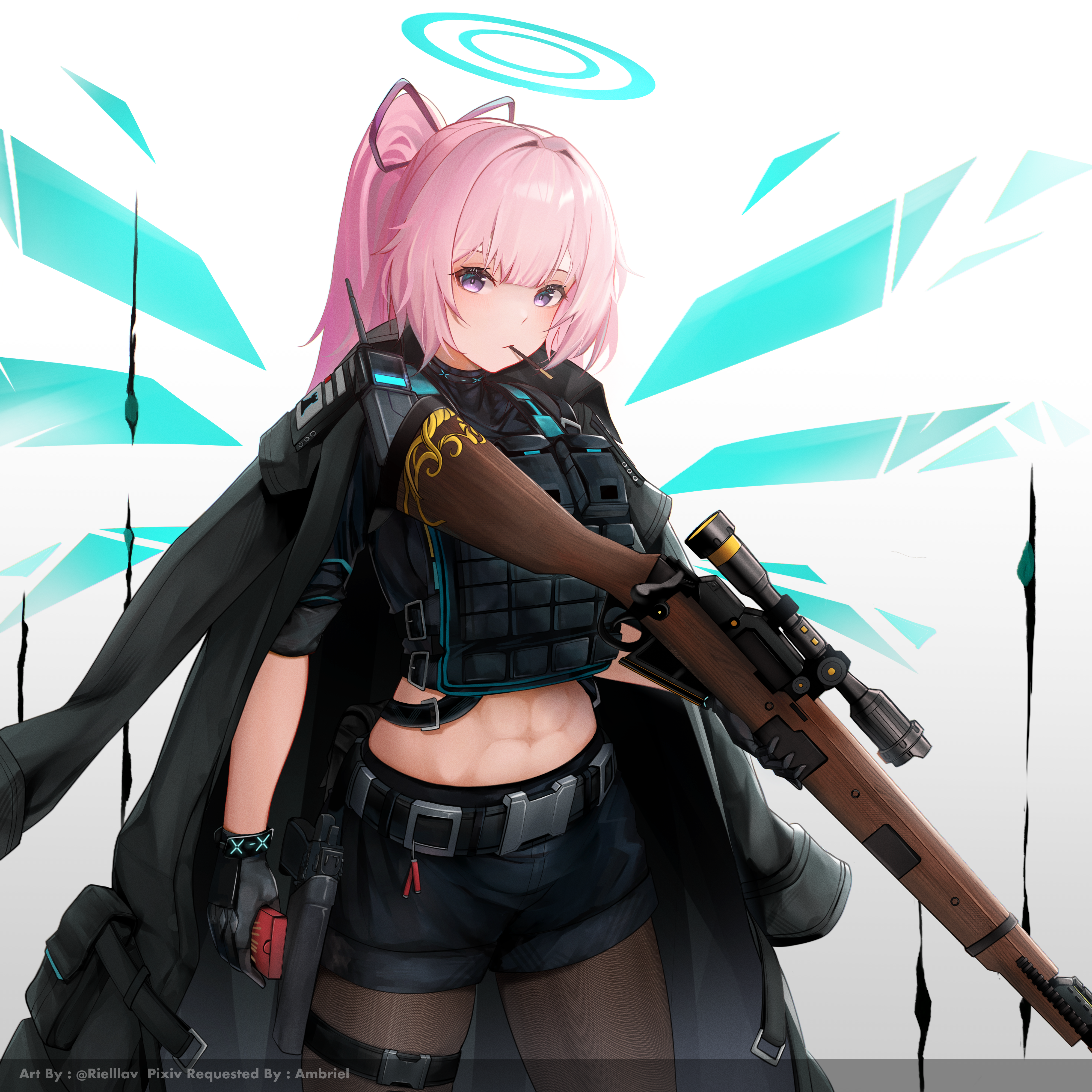 lavriell, ambriel (arknights), arknights, absurdres, commentary, commission, english commentary, highres, pixiv commission, 1girl, abs, belt, black belt, black coat, black gloves, black pantyhose, black shirt, black shorts, blue halo, body armor, bolt action, brown pantyhose, center-flap bangs, closed mouth, coat, coat on shoulders, cowboy shot, cropped shirt, english text, food, gloves, gun, hair intakes, hair ribbon, halo, holding, holding food, holding gun, holding pocky, holding weapon, lee-enfield, long hair, looking at viewer, midriff, mouth hold, navel, pantyhose, pink hair, pocky, ponytail, purple eyes, purple ribbon, ribbon, rifle, scope, shirt, shorts, simple background, sniper rifle, standing, thigh belt, thigh strap, twitter username, weapon, white background, wings