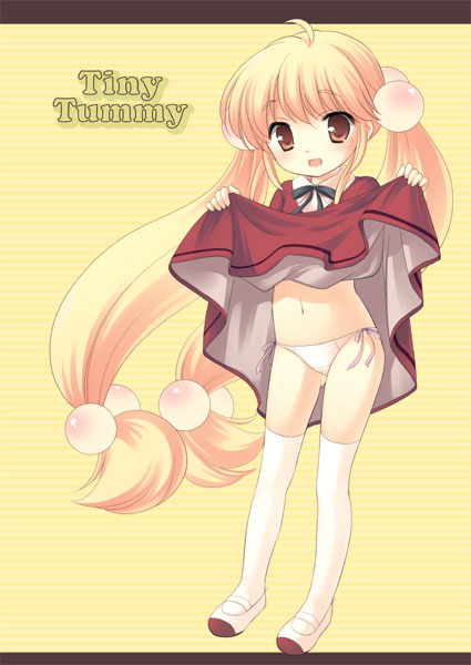 ueda yuu, uedama, kokonoe rin, kodomo no jikan, 00s, 1girl, blonde hair, brown eyes, clothes lift, dress, dress lift, english text, female focus, hair bobbles, hair ornament, loli, long hair, navel, panties, shoes, side-tie panties, solo, sphere hair ornament, thighhighs, underwear, uwabaki, very long hair