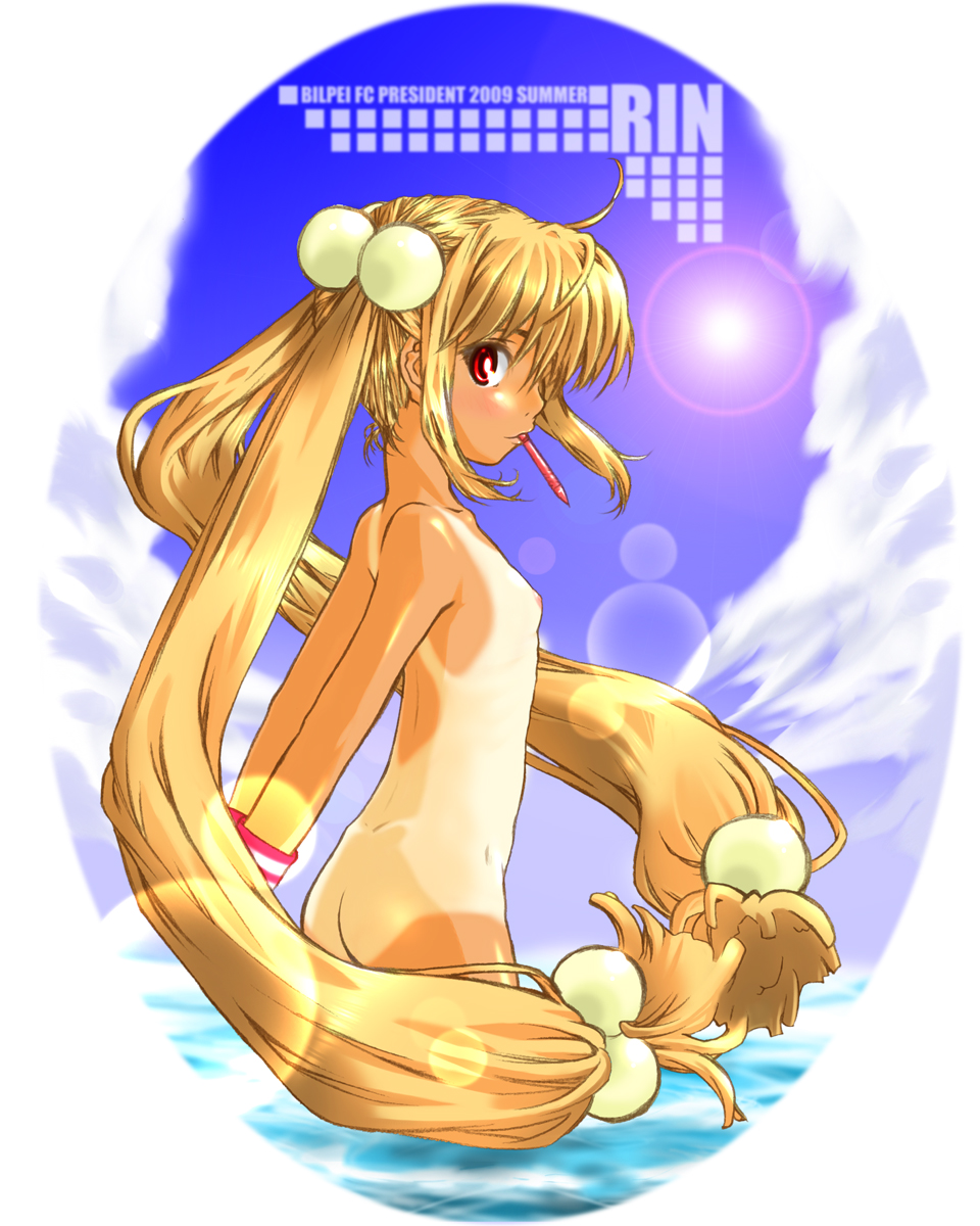 bilpei fc kaichou, kokonoe rin, kodomo no jikan, highres, 00s, 1girl, ass, blonde hair, breasts, female focus, hair bobbles, hair ornament, loli, long hair, mechanical pencil, mouth hold, nipples, nude, one-piece tan, pencil, red eyes, small breasts, solo, sphere hair ornament, tan, tanline, twintails, very long hair, water, wristband