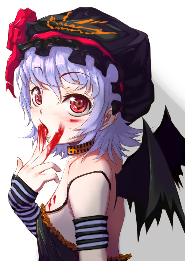 mutsutsu, mututu, remilia scarlet, touhou, light purple hair, 1girl, bat wings, blood, blue hair, female focus, hat, licking, licking finger, red eyes, short hair, solo, tongue, wings