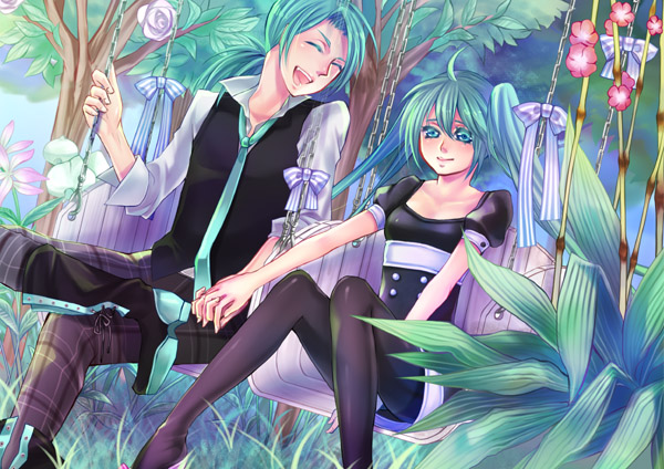 shinokawa idu, hatsune miku, hatsune mikuo, vocaloid, bad id, bad pixiv id, 1boy, 1girl, ahoge, aqua eyes, aqua hair, genderswap, genderswap (ftm), hetero, holding hands, long hair, on swing, pantyhose, skirt, smile, swing, thighhighs, twintails