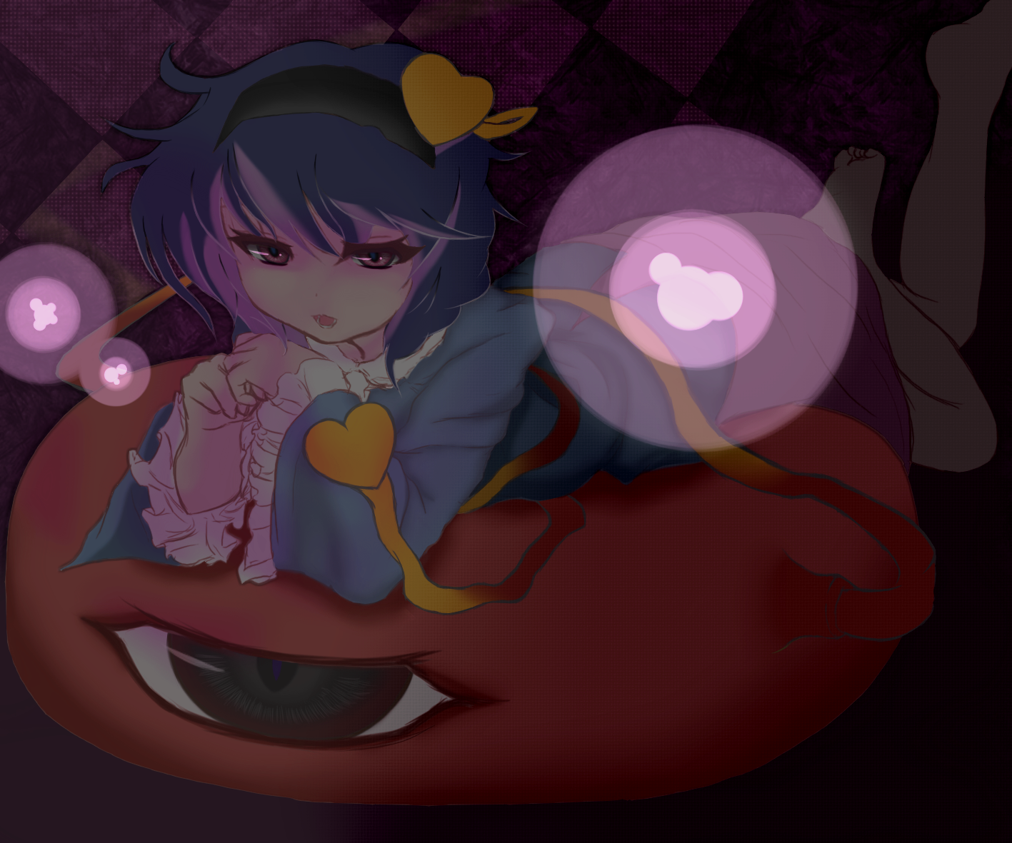 rupi, komeiji satori, touhou, bad id, bad pixiv id, 1girl, barefoot, eye focus, female focus, hairband, heart, lying, pink eyes, purple hair, short hair, solo