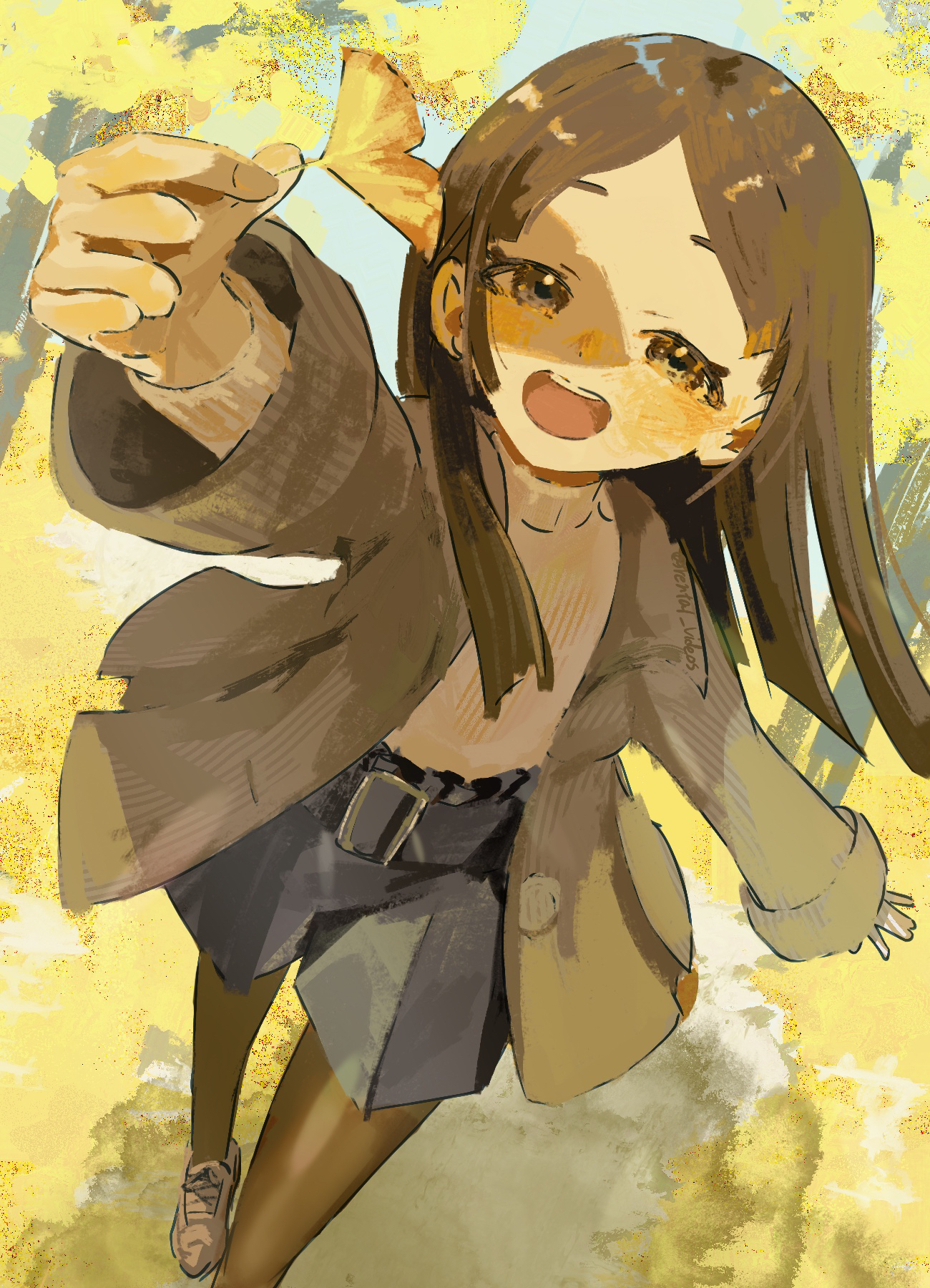 toutoutou, kuramoto china, gakuen idolmaster, idolmaster, commentary request, highres, 1girl, autumn leaves, belt buckle, black pantyhose, black shorts, blunt ends, blush, brown coat, brown eyes, brown hair, buckle, coat, foreshortening, hand up, holding, holding leaf, leaf, long hair, long sleeves, looking at viewer, open clothes, open coat, open mouth, pantyhose, parted bangs, shade, shoes, shorts, sneakers, solo, sweater, turtleneck, turtleneck sweater, twitter username, white shoes