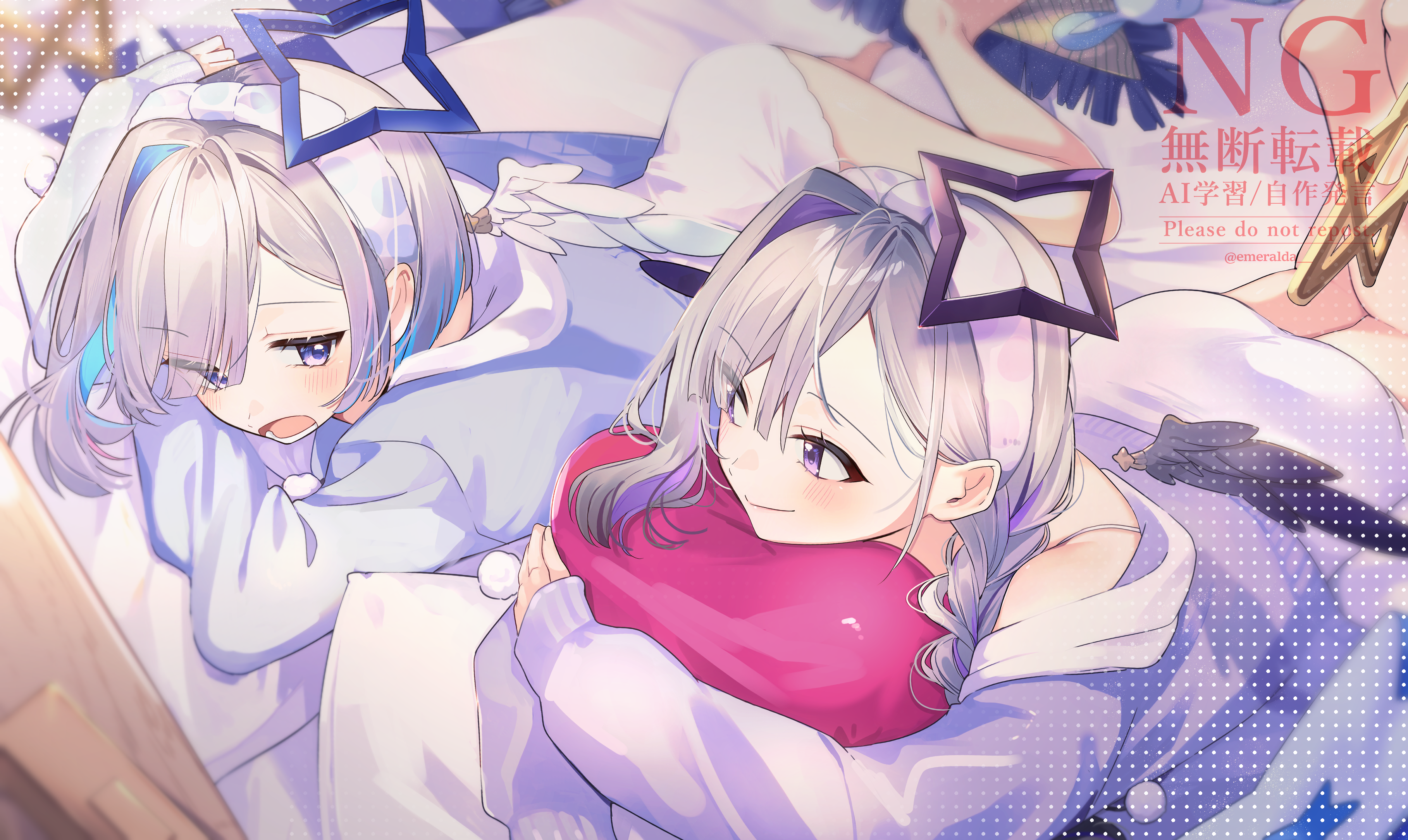 eme (emeralda), amane kanata, amane konata, hololive, absurdres, commentary request, highres, 2girls, angel wings, barefoot, black hair, black wings, blue hair, blue halo, blue jacket, blue wings, bob cut, braid, closed mouth, colored inner hair, detached wings, dress, feathered wings, feet up, gradient wings, grey hair, halo, hugging object, indoors, jacket, looking at another, loungewear, low twin braids, lying, mini wings, multicolored hair, multicolored wings, multiple girls, on bed, on stomach, open mouth, pillow, pillow hug, pink streaks, purple eyes, purple hair, purple wings, short hair, single hair intake, smile, star halo, the pose, tilted halo, twin braids, virtual youtuber, watermark, white dress, white jacket, white wings, wings