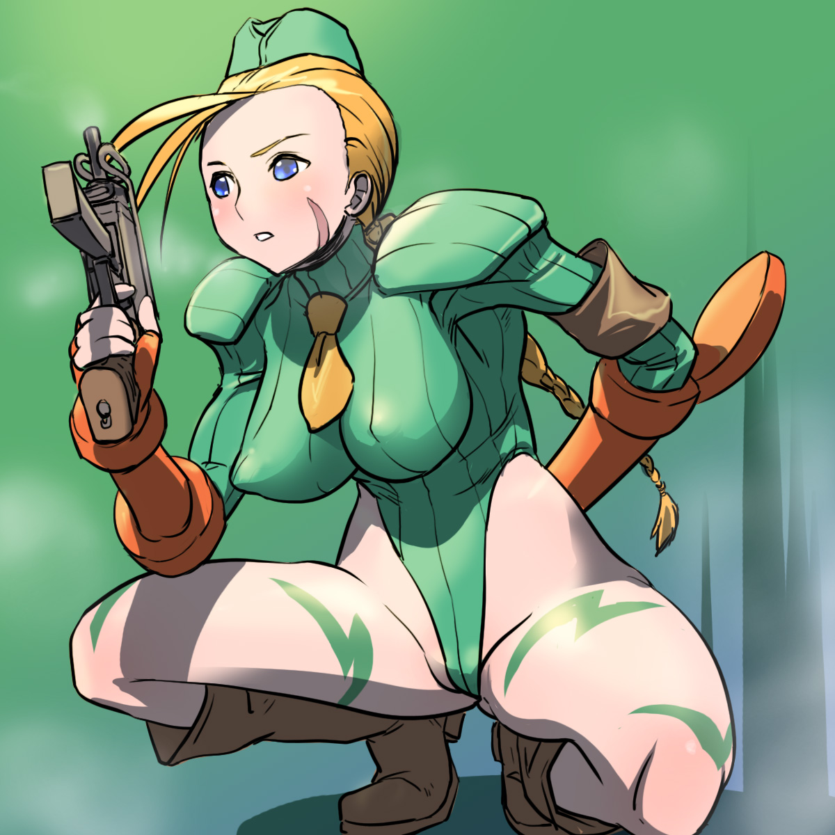 cosine, cammy white, capcom, street fighter, bad id, bad pixiv id, highres, 1girl, beret, blonde hair, blue eyes, boots, braid, female focus, fingerless gloves, garrison cap, gauntlets, gloves, gun, hat, highleg, highleg leotard, leotard, long hair, scar, shoulder pads, solo, squatting, weapon