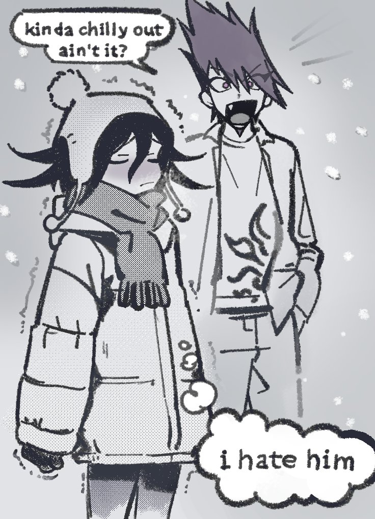 miri (bossu osu), momota kaito, oma kokichi, danganronpa (series), danganronpa v3: killing harmony, commentary, english commentary, 2boys, blush, closed eyes, coat, cold, english text, fang, full-face blush, greyscale, hair between eyes, height difference, long sleeves, male focus, mittens, monochrome, multiple boys, open mouth, scarf, short hair, snow, speech bubble, spiked hair, thought bubble, trembling, winter, winter clothes, winter coat