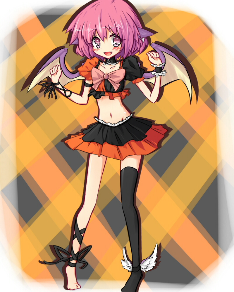urimono, mystia lorelei, touhou, bad id, bad pixiv id, 1girl, animal ears, barefoot, black thighhighs, female focus, midriff, pink eyes, pink hair, short hair, single thighhigh, skirt, solo, thighhighs, wings