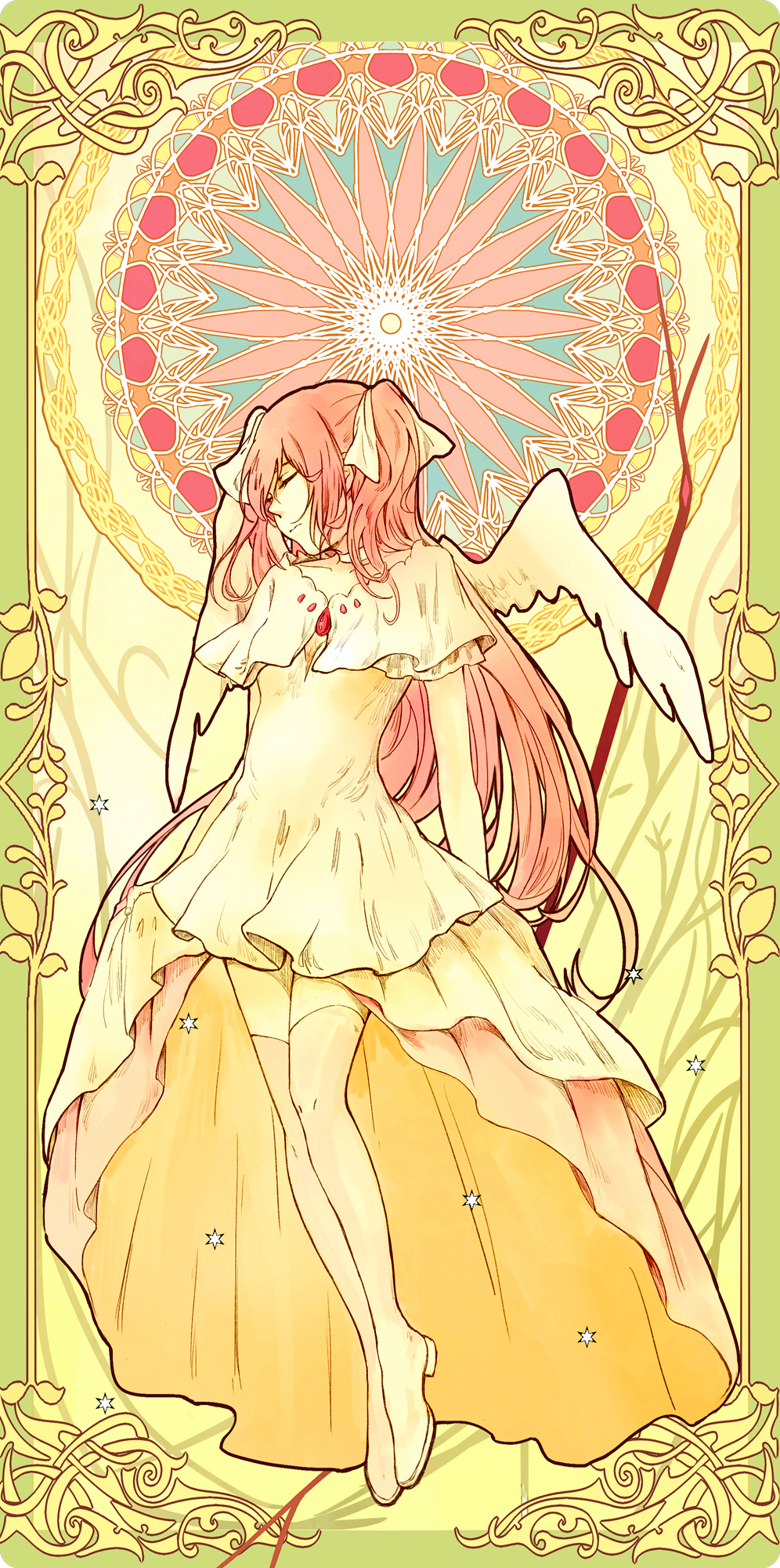 bigreen, kaname madoka, ultimate madoka, mahou shoujo madoka magica, mahou shoujo madoka magica: hangyaku no monogatari, commentary, highres, symbol-only commentary, 1girl, art nouveau, boots, closed eyes, dress, full body, high-low dress, long hair, magical girl, pink hair, short twintails, solo, thigh boots, twintails, white boots, white dress, white wings, wings