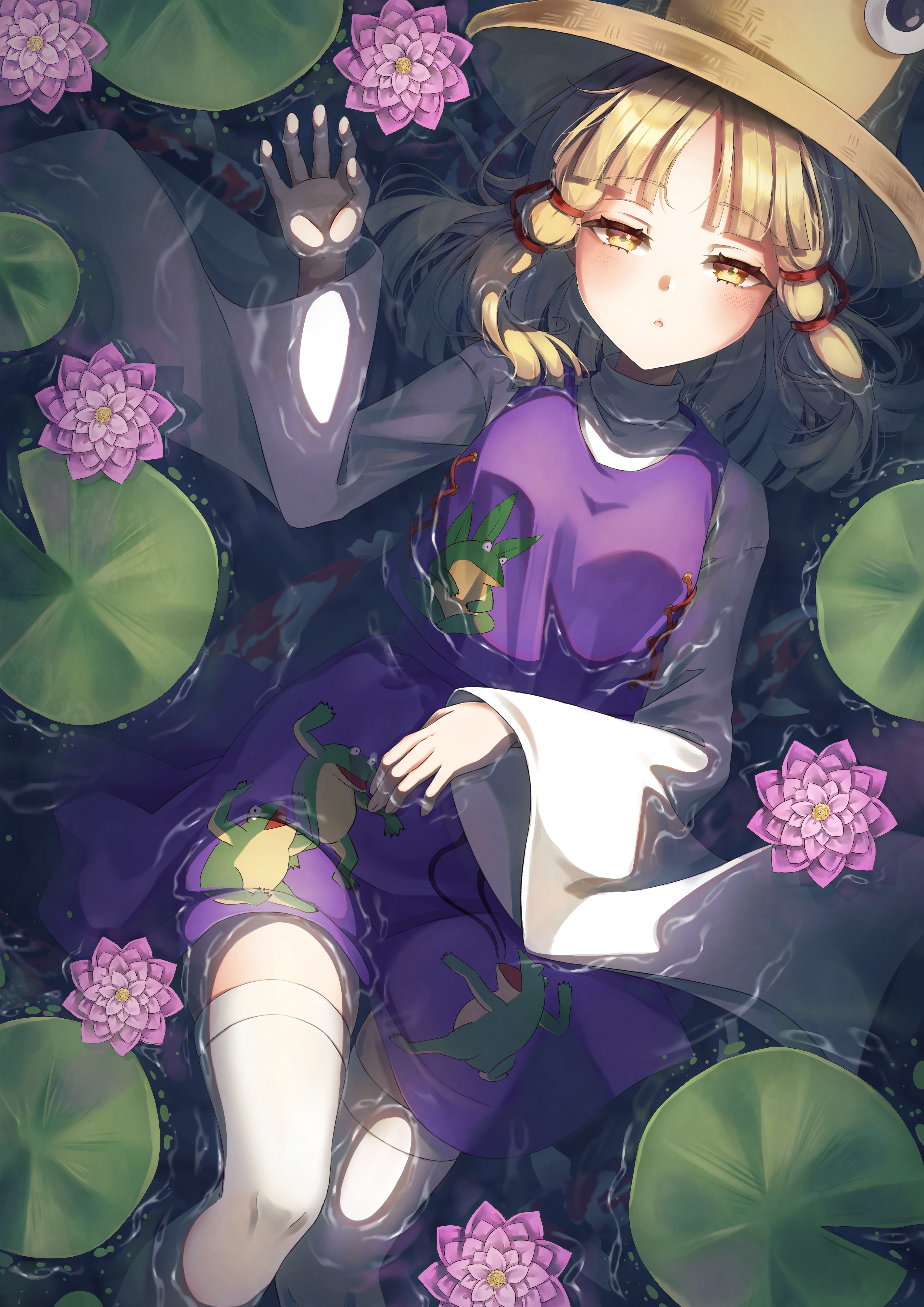 korotrishia, moriya suwako, touhou, absurdres, commentary request, highres, 1girl, afloat, animal print, blonde hair, blush, brown hat, dress, floating, flower, frog hat, frog print, hair ribbon, hat, lily pad, long hair, long sleeves, looking at viewer, lotus, pink flower, purple dress, purple skirt, purple vest, red ribbon, ribbon, skirt, skirt set, solo, thighhighs, tress ribbon, vest, water, white thighhighs, wide sleeves, yellow eyes