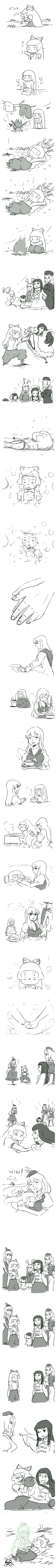 tadashi, fujiwara no mokou, houraisan kaguya, inaba tewi, kamishirasawa keine, reisen udongein inaba, yagokoro eirin, touhou, absurdres, highres, long image, tall image, 6+girls, comic, female focus, greyscale, monochrome, multiple girls, silent comic