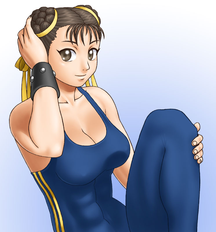 shun (greendragon), chun-li, capcom, street fighter, bracelet, brown eyes, brown hair, double bun, hair bun, jewelry, leotard, ribbon, yellow ribbon