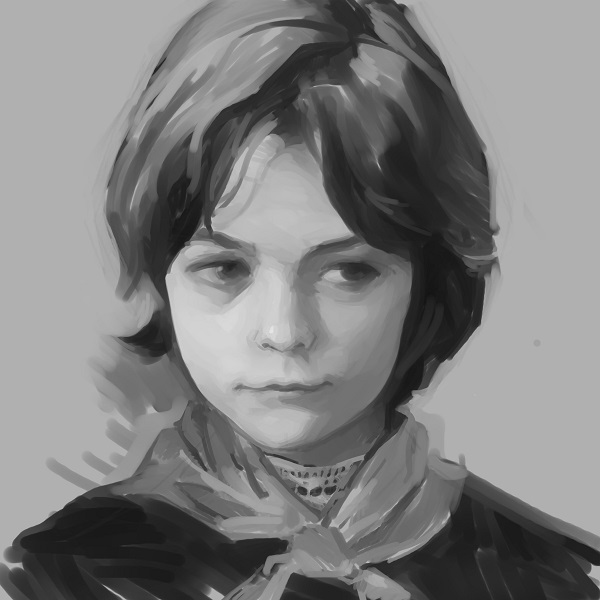 feason, alisa seleznyova, guest from the future, commentary, english commentary, oil painting (medium), painting (medium), traditional media, 1girl, black hair, monochrome, parted bangs, portrait, short hair, simple background, v-shaped eyebrows