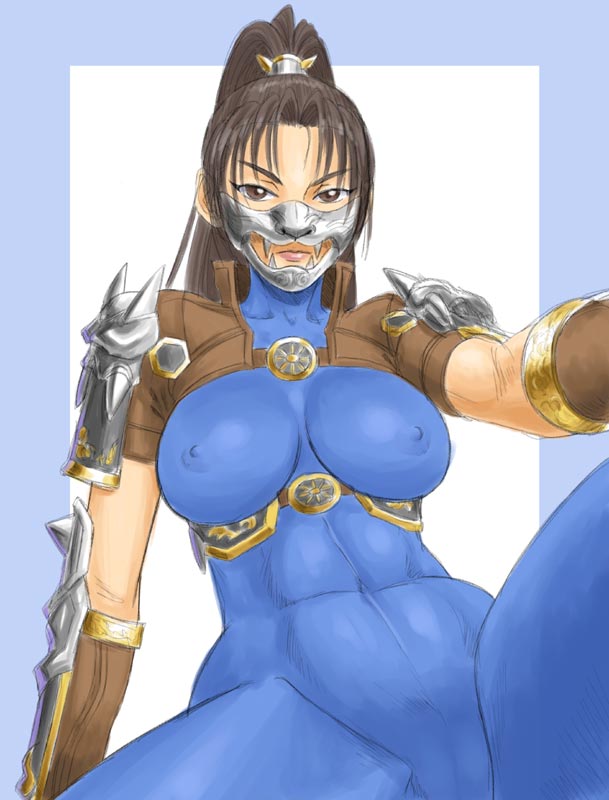 shun (greendragon), taki (soulcalibur), soul calibur, soulcalibur, soulcalibur iii, 1girl, abs, bodysuit, breasts, brown eyes, brown hair, cameltoe, covered erect nipples, large breasts, long hair, mask, nipples, ponytail, selfie, skin tight