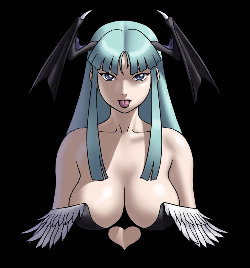 shun (greendragon), morrigan aensland, capcom, darkstalkers, :p, blue eyes, breasts, cleavage, demon girl, green hair, head wings, large breasts, long hair, tongue, tongue out, wings