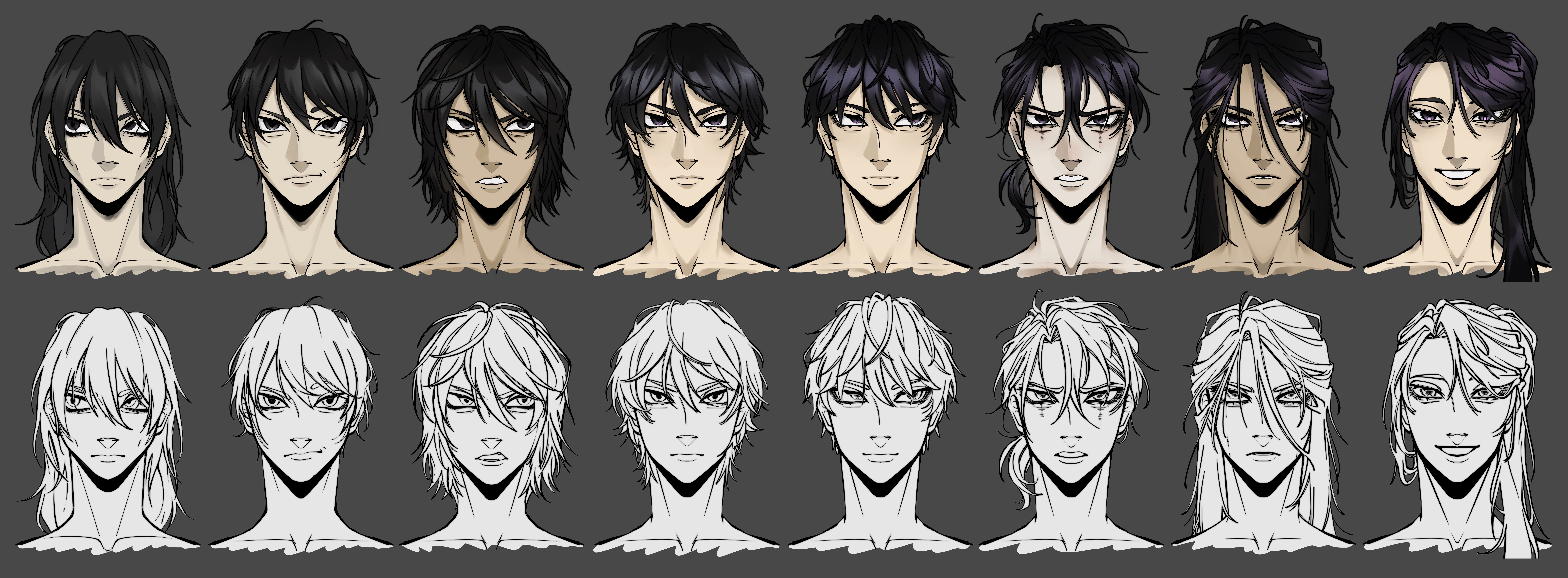 sunny (shadow slave), shadow slave, absurdres, commentary, english commentary, highres, second-party source, 1boy, aegyo sal, black eyes, black hair, cyan.colored.crack, glaring, grin, hair between eyes, hair bun, long hair, looking at viewer, looking to the side, low ponytail, messy hair, multiple expressions, multiple views, narrowed eyes, ponytail, portrait, raised eyebrow, serious, smile