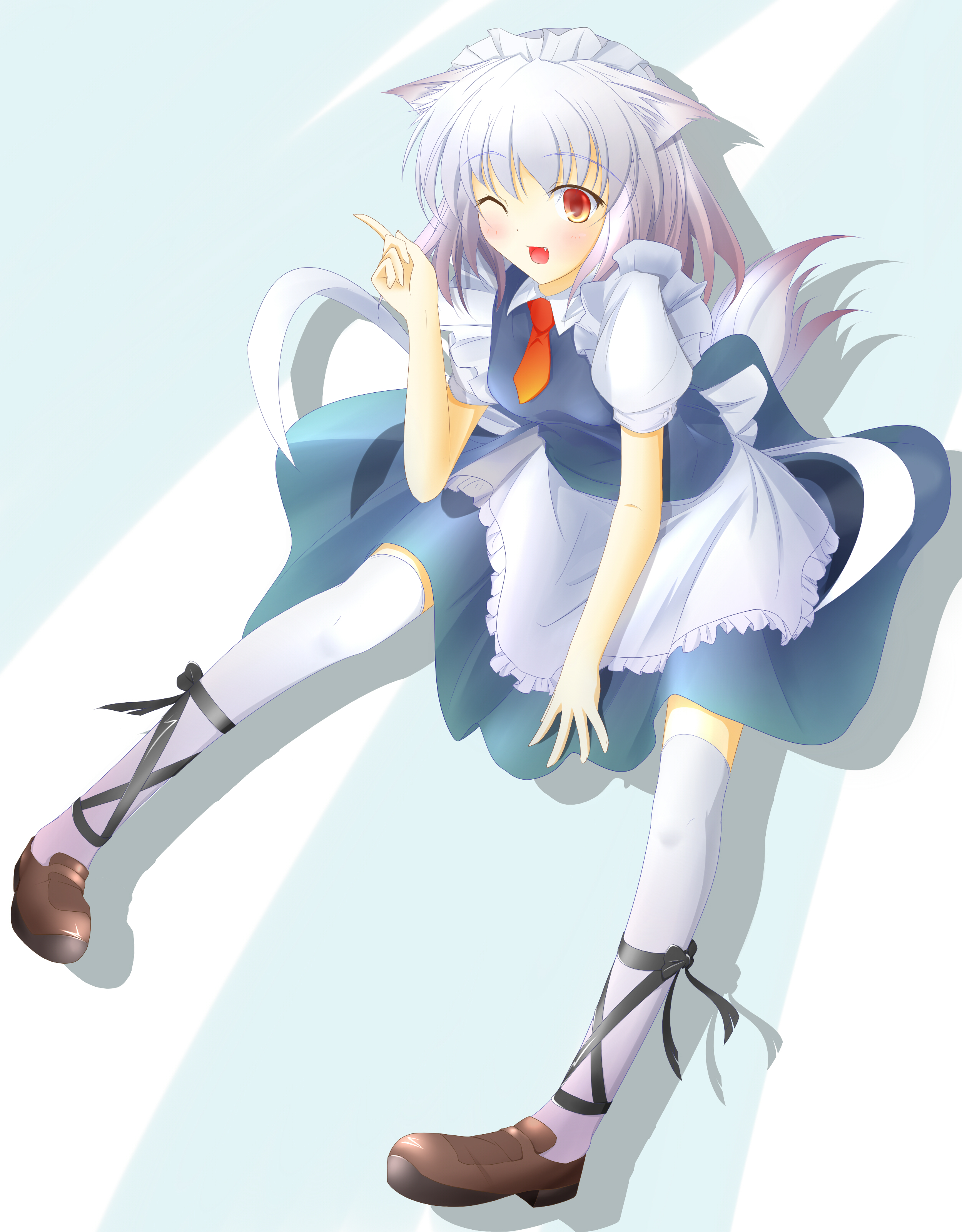 chus, inu sakuya (nejikirio), izayoi sakuya, touhou, silver hair, absurdres, highres, 1girl, animal ears, dog ears, dog tail, female focus, kemonomimi mode, maid, red eyes, short hair, solo, tail, thighhighs