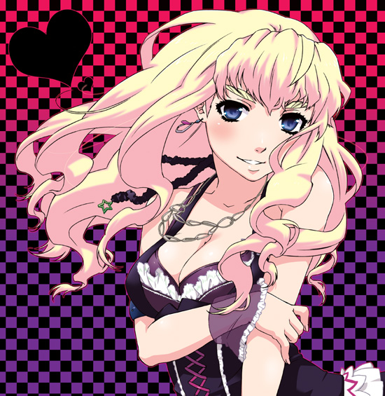 kuro otoko, kuroo (project apricot), sheryl nome, macross, macross frontier, 00s, 1girl, blonde hair, blue eyes, breasts, cleavage, earrings, female focus, gradient background, jewelry, long hair, necklace, solo