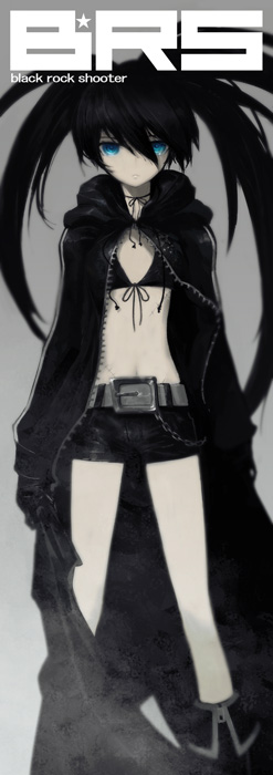 huke, black rock shooter (character), black rock shooter, 10s, 1girl, belt, bikini, bikini top only, black hair, blue eyes, coat, female focus, pale skin, shorts, solo, swimsuit, twintails, uneven twintails