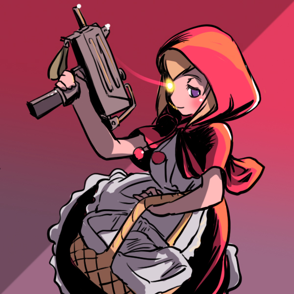 cosine, b.b. hood, capcom, darkstalkers, machine pistol, bad id, bad pixiv id, 1girl, basket, blonde hair, dress, female focus, glowing, glowing eye, glowing eyes, gun, hood, mac-10/11, red dress, solo, submachine gun, weapon