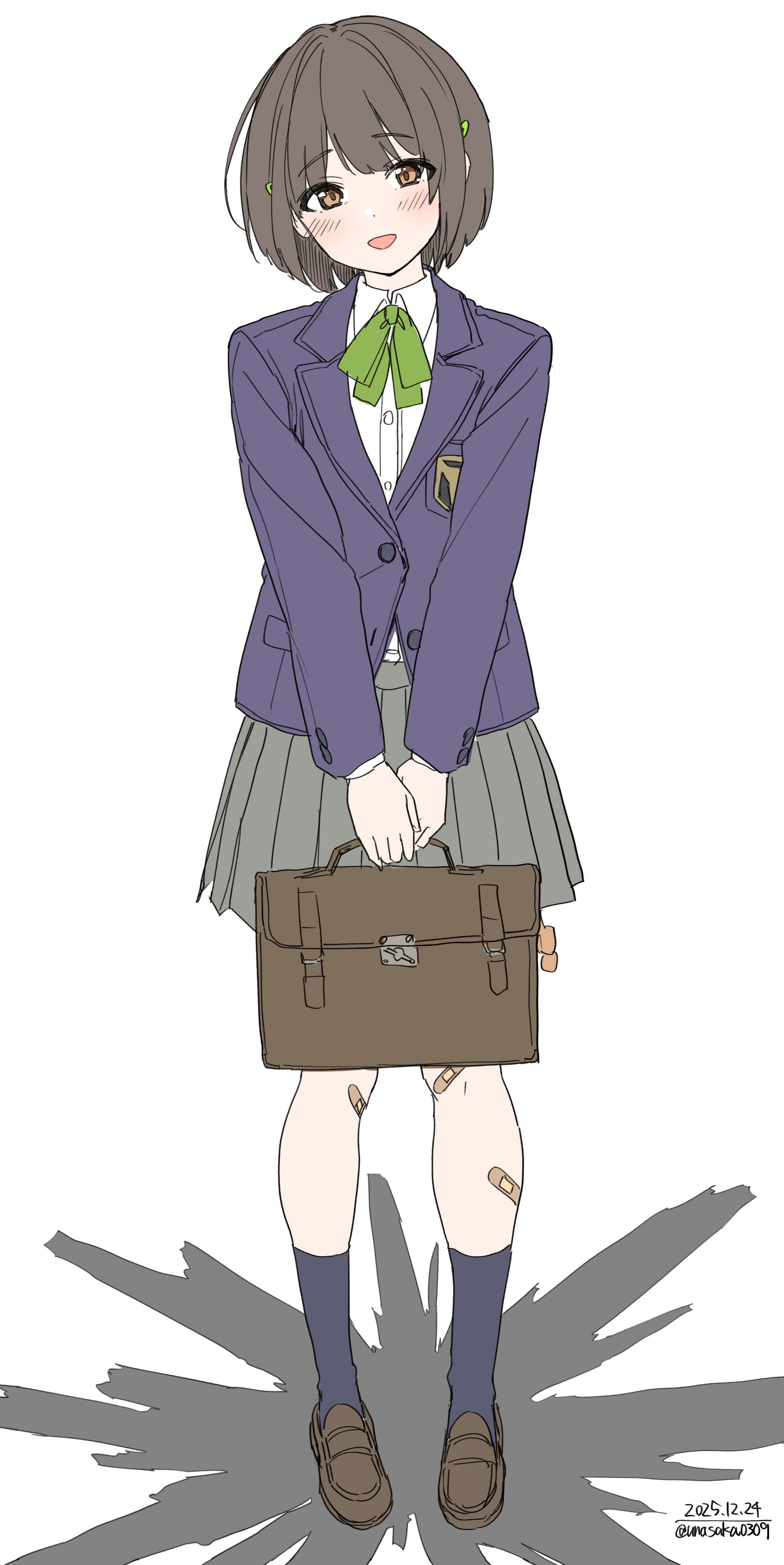 unasaka ryou, original, absurdres, highres, 1girl, bandaid, bandaid on leg, black socks, blazer, blush, briefcase, brown eyes, brown hair, collared shirt, green neckerchief, grey skirt, hair ornament, hairclip, holding, holding briefcase, jacket, long sleeves, looking at viewer, neckerchief, open mouth, pleated skirt, purple jacket, school briefcase, school uniform, shirt, shoes, short hair, simple background, skirt, smile, socks, solo, white background, white shirt