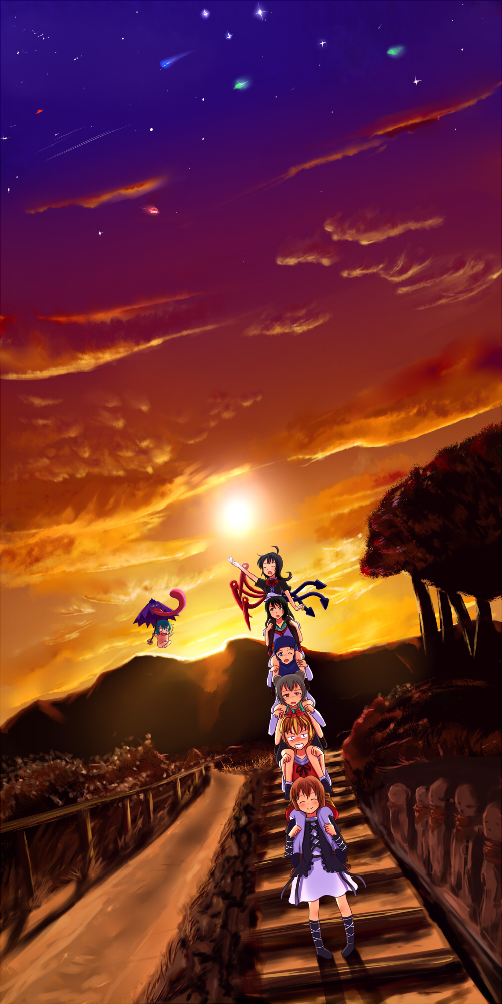 sakura ani, hijiri byakuren, houjuu nue, kumoi ichirin, murasa minamitsu, nazrin, tatara kogasa, toramaru shou, touhou, undefined fantastic object, highres, long image, tall image, 6+girls, animal ears, black hair, black thighhighs, blonde hair, blue hair, carrying, cloud, dress, dutch angle, everyone, female focus, gradient hair, grey hair, hat, hood, human tower, karakasa obake, long hair, mouse ears, multicolored hair, multiple girls, nude, piggyback, sailor, sailor collar, sailor hat, short hair, shoulder carry, sky, stacking, sun, sunset, thighhighs, tongue, ufo, umbrella, wings