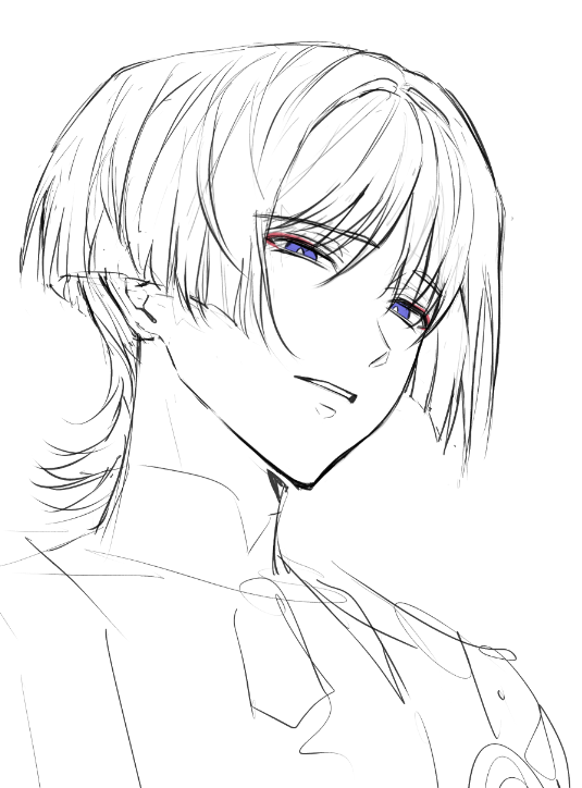 scaramouche (genshin impact), wanderer (genshin impact), genshin impact, hashtag-only commentary, 1boy, bishounen, blunt ends, bodysuit, bright pupils, choppy bangs, dokseong, eyeliner, eyeshadow, from below, greyscale, looking at viewer, makeup, male focus, mandarin collar, monochrome, parted bangs, parted lips, portrait, purple eyes, red eyeliner, red eyeshadow, sketch, solo, spot color, tsurime, white background, white pupils