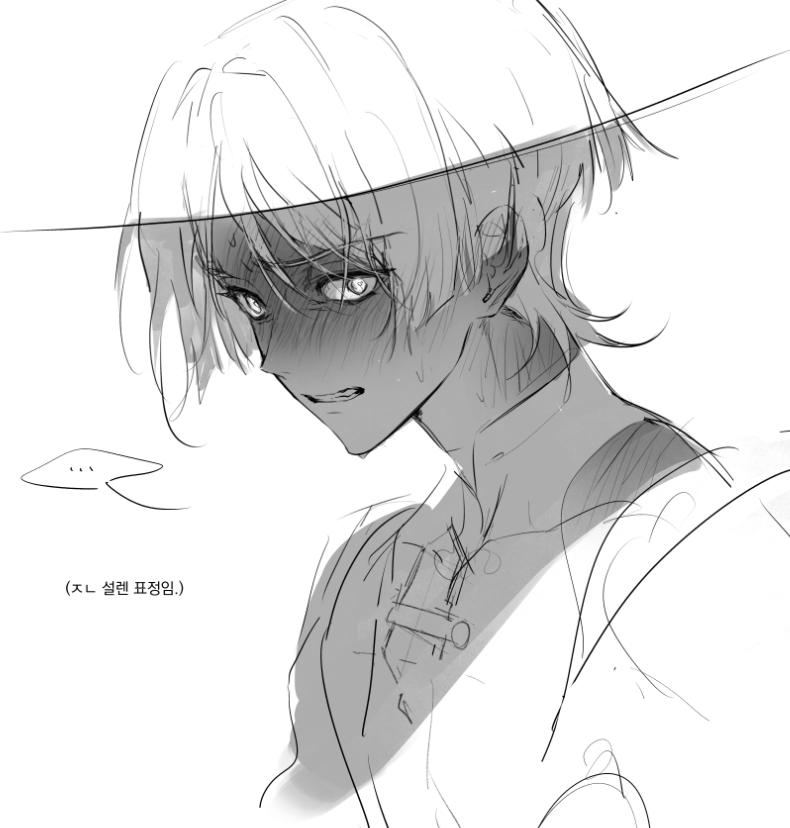 scaramouche (genshin impact), wanderer (genshin impact), genshin impact, commentary request, korean commentary, translation request, …, 1boy, bishounen, blunt ends, blush, bodysuit, choppy bangs, clenched teeth, dokseong, ear blush, embarrassed, eyelashes, greyscale, hair intakes, japanese clothes, kimono, korean text, looking at viewer, male focus, mandarin collar, monochrome, neck blush, portrait, shoulder blush, sketch, solo, speech bubble, spoken ellipsis, teeth, tsurime, white background, wide-eyed