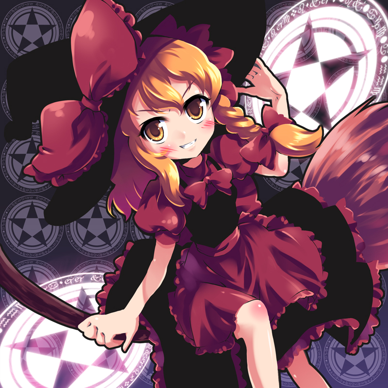 morujii, kirisame marisa, touhou, bad id, bad pixiv id, 1girl, aquarius (symbol), blonde hair, braid, broom, broom riding, cancer (symbol), capricorn (symbol), female focus, hat, leo (symbol), magic circle, pentagram, sagittarius (symbol), short hair, solo, star (symbol), virgo (symbol), witch, witch hat, yellow eyes
