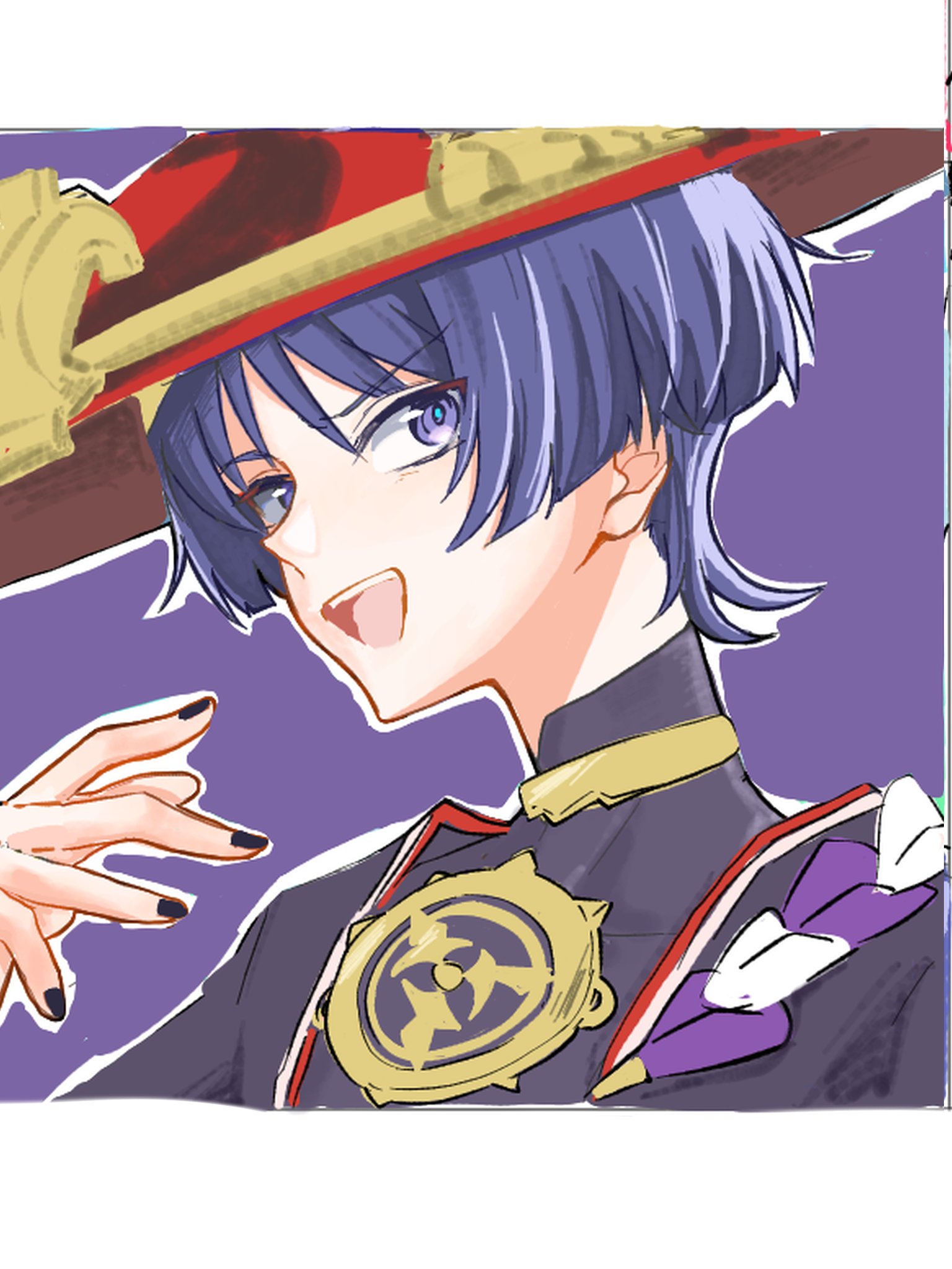 purinigax, scaramouche (genshin impact), genshin impact, commentary request, highres, 1boy, black bodysuit, black kimono, black nails, black sleeves, blue pupils, blunt ends, bodysuit, border, covered collarbone, eyeliner, eyeshadow, furrowed brow, gold, hand up, hat, japanese clothes, jewelry, jingasa, juban, kimono, letterboxed, looking at viewer, makeup, male focus, mandarin collar, mitsudomoe (shape), neck ring, open clothes, open hand, open kimono, open mouth, outline, portrait, purple background, purple eyes, purple hair, purple rope, red eyeliner, red eyeshadow, red hat, red kimono, rope, shimenawa, solo, teeth, tomoe (symbol), tsurime, upper teeth only, white border, white kimono, white outline, white rope, wide-eyed, wispy bangs