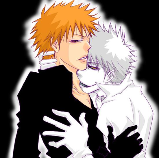 kurosaki ichigo, shirosaki hichigo, bleach, 00s, 2boys, black sclera, colored sclera, dual persona, gloves, licking, male focus, multiple boys, orange hair, pale skin, selfcest, yaoi