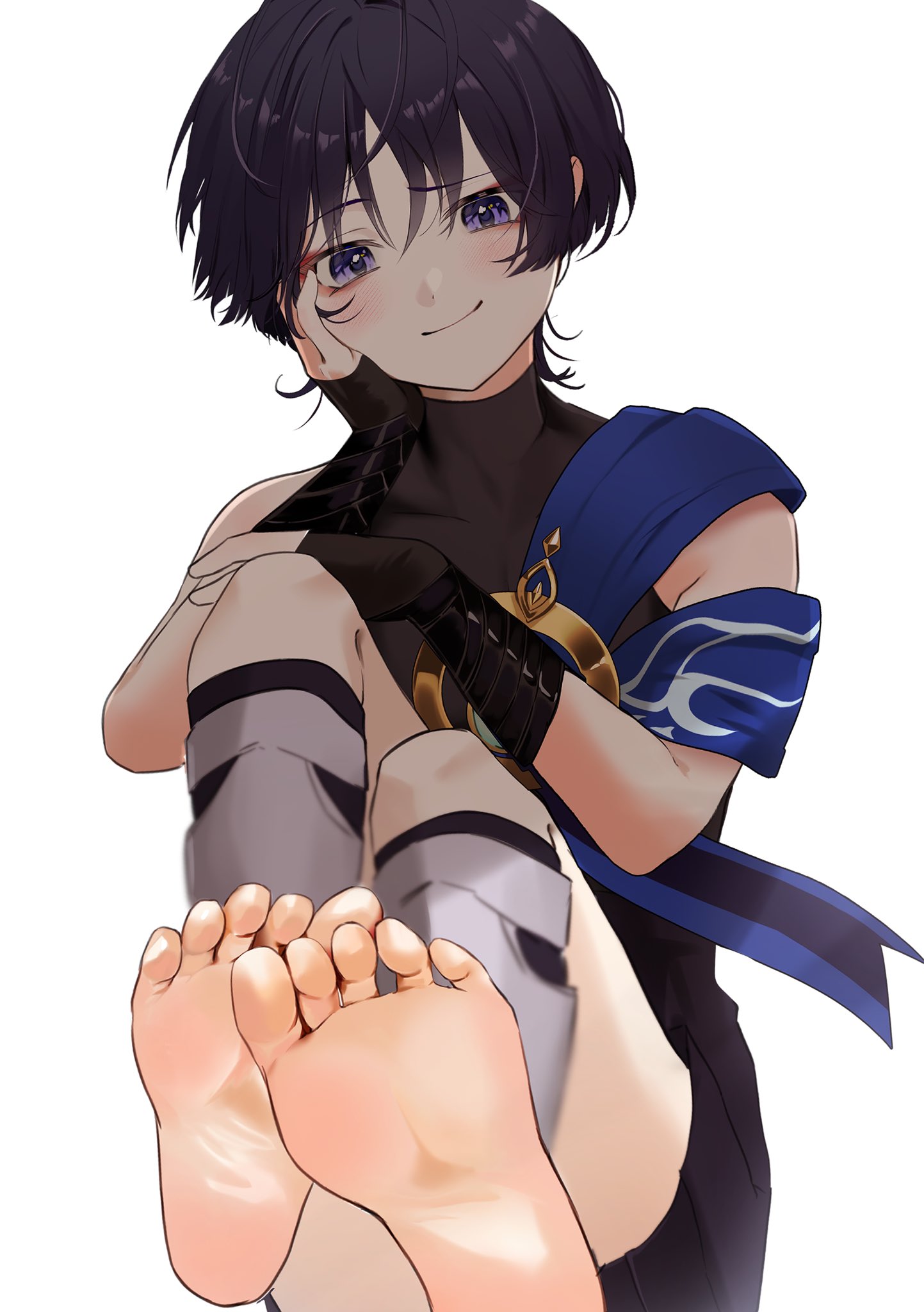 sahi00000, scaramouche (genshin impact), wanderer (genshin impact), genshin impact, commentary request, derivative work, highres, 1boy, aqua gem, armor, black bodysuit, black bridal gauntlets, black hair, black shorts, blue cape, blunt ends, blush, bodysuit, bridal gauntlets, cape, closed mouth, covered collarbone, eyeliner, eyeshadow, feet, foot focus, from below, gem, gold, hakama, hakama shorts, hand on own face, hand on own knee, hands up, japanese armor, japanese clothes, kote, kurokote, leg warmers, looking at viewer, makeup, male focus, pleated shorts, purple eyes, red eyeliner, red eyeshadow, shorts, single bare shoulder, smile, soles, solo, toes, tsurime, turtleneck, turtleneck bodysuit, vision (genshin impact), white background, white leg warmers, white trim, wispy bangs