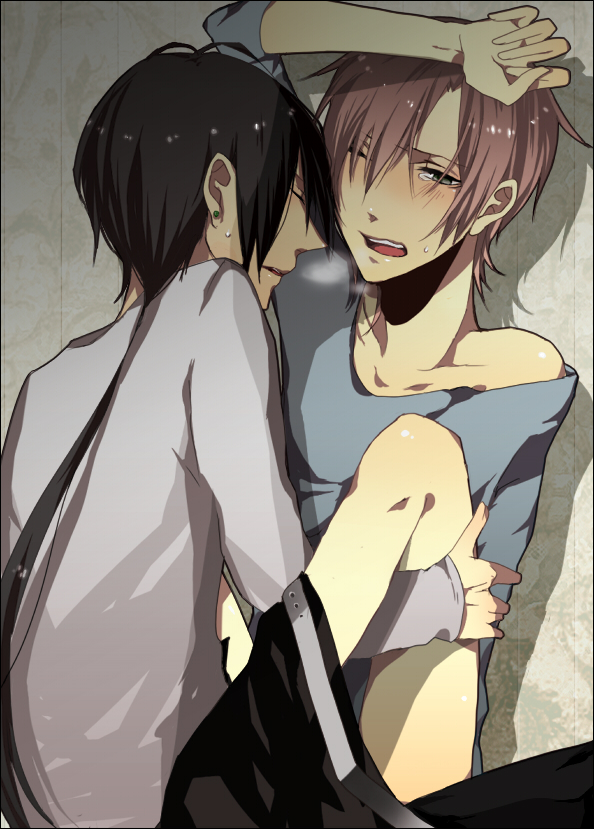 yadamon (artist), 2boys, anal, blush, bottomless, long hair, male focus, male penetrated, multiple boys, open mouth, pant, piercing, sex, sweatdrop, tears, yaoi