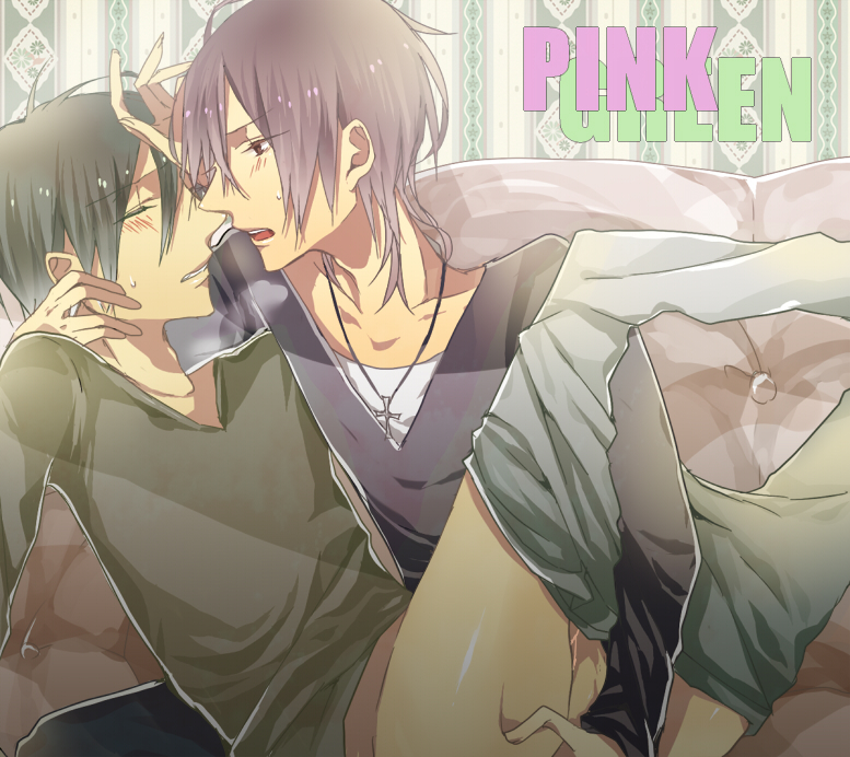 yadamon (artist), 2boys, anal, blush, bottomless, closed eyes, cross, cum, fingering, jewelry, male focus, male penetrated, multiple boys, necklace, sweatdrop, yaoi