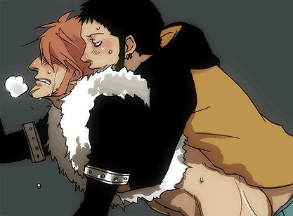 trafalgar law, x drake, one piece, supernova, lowres, 2boys, anal, bent over, bottomless, earrings, fur trim, hood, hoodie, jewelry, male focus, male penetrated, multiple boys, orange hair, raglan sleeves, sex, sweat, yaoi