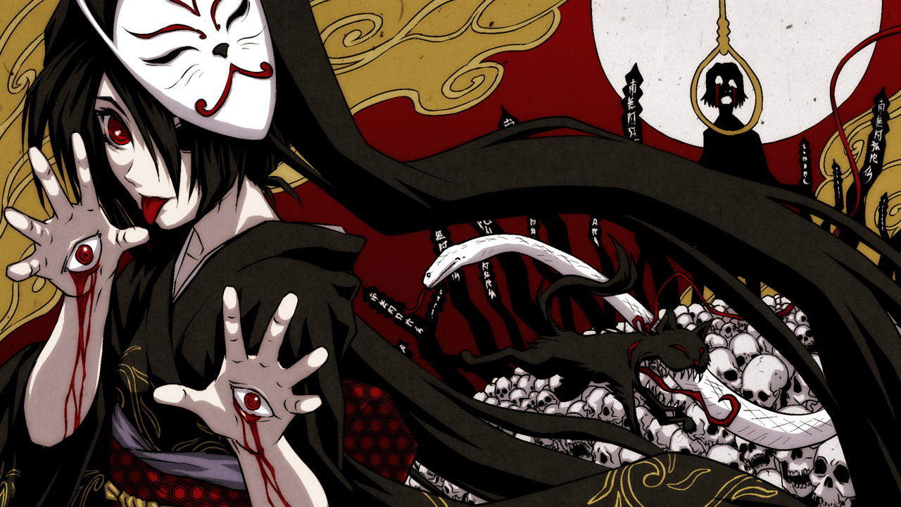iga tomoteru, hatsune miku, musunde hiraite rasetsu to mukuro (vocaloid), vocaloid, 1girl, black hair, blood, cat, extra eyes, eye focus, female focus, fox mask, guro, hand eye, hexagon, japanese clothes, kimono, mask, noose, red eyes, skull, snake, solo, tongue, yukata