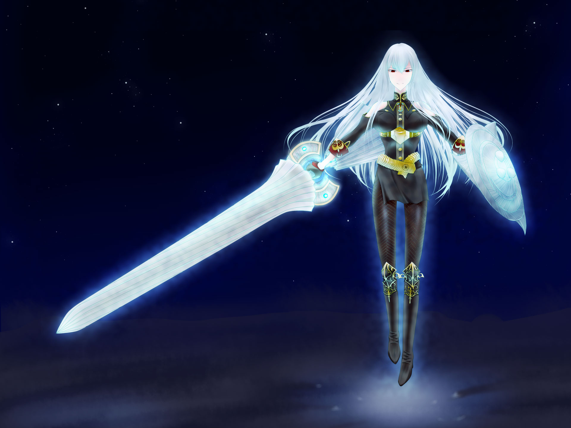 satou kaede, selvaria bles, senjou no valkyria, senjou no valkyria (series), senjou no valkyria 1, silver hair, highres, 00s, 1girl, female focus, long hair, military, military uniform, night, pantyhose, polearm, red eyes, shield, solo, spear, star (symbol), weapon