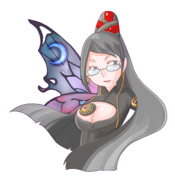 shark-5, bayonetta, bayonetta (series), black hair, bodysuit, breasts, cleavage, earrings, glasses, hair bun, jewelry, long hair, mole, single hair bun