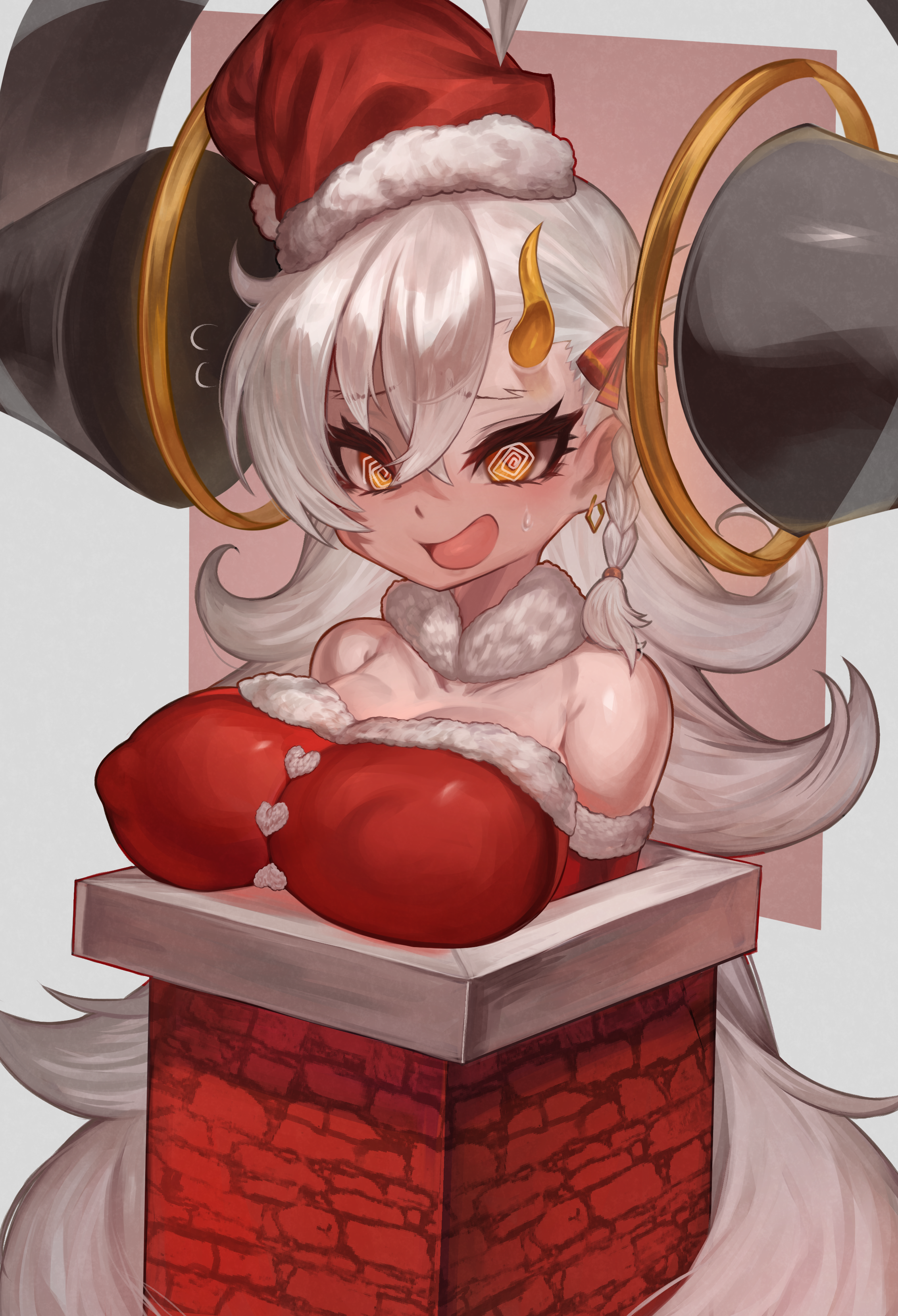 m0 chi, olga marie animusphere, u-olga marie, fate/grand order, fate (series), absurdres, commentary, english commentary, highres, 1girl, @ @, braid, breasts, chimney, covered erect nipples, detached collar, detached horns, dress, earrings, hat, jewelry, large breasts, long hair, orange eyes, santa costume, santa dress, santa hat, side braid, stuck, white hair